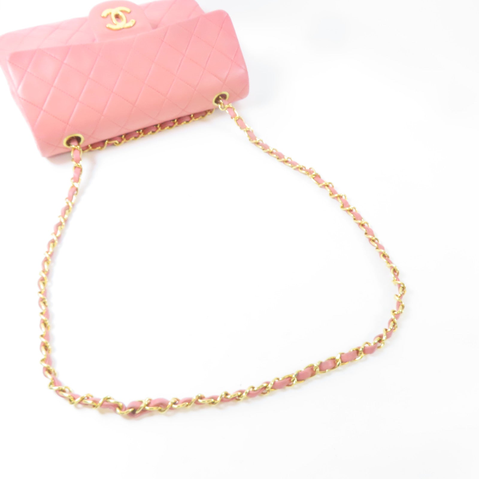 CHANEL 菱格羊皮皮革Chain Shoulder Bag金扣鏈帶肩背袋粉紅色