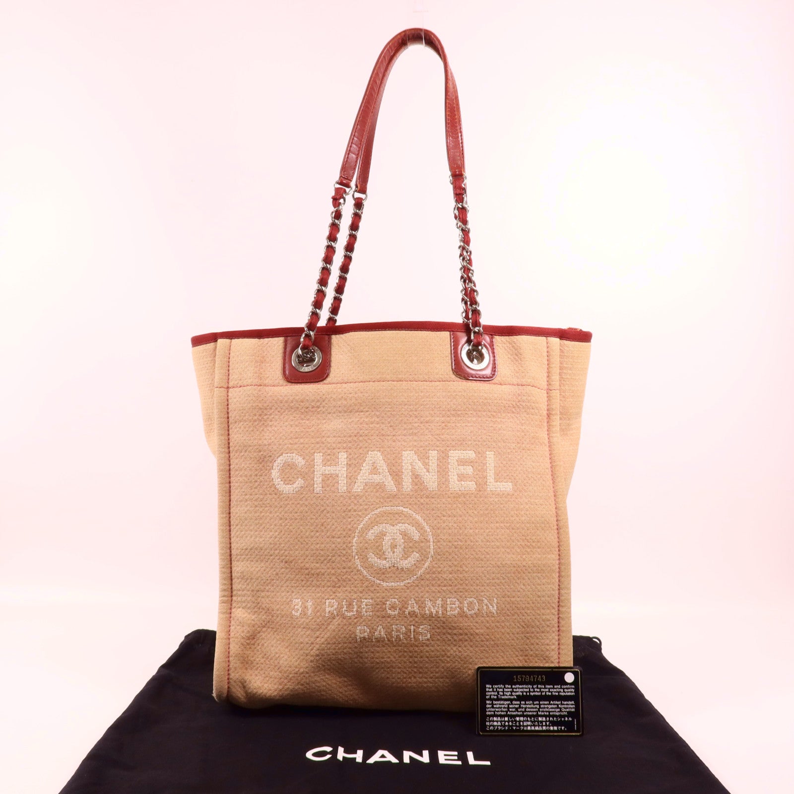 CHANEL 帆布Deauville Tote銀扣鏈帶肩背袋