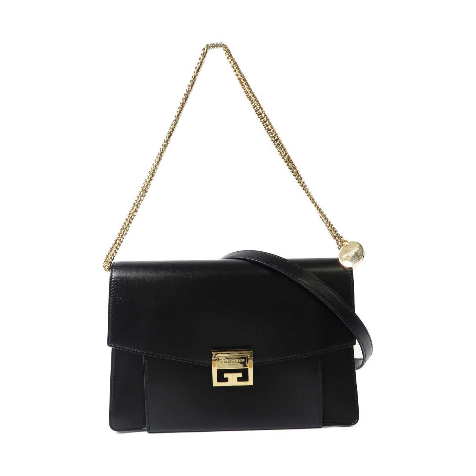 GIVENCHY 牛皮皮革GV3金扣鏈帶手挽肩背兩用袋黑色