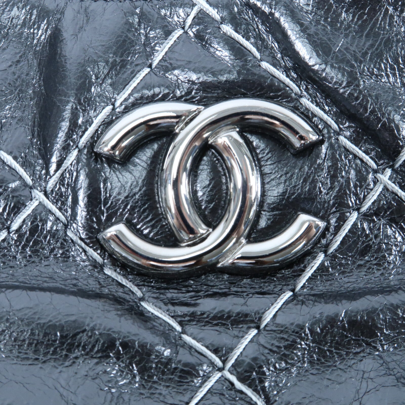 CHANEL 牛皮皮革Wild Stitch Tote銀扣鏈帶手挽袋