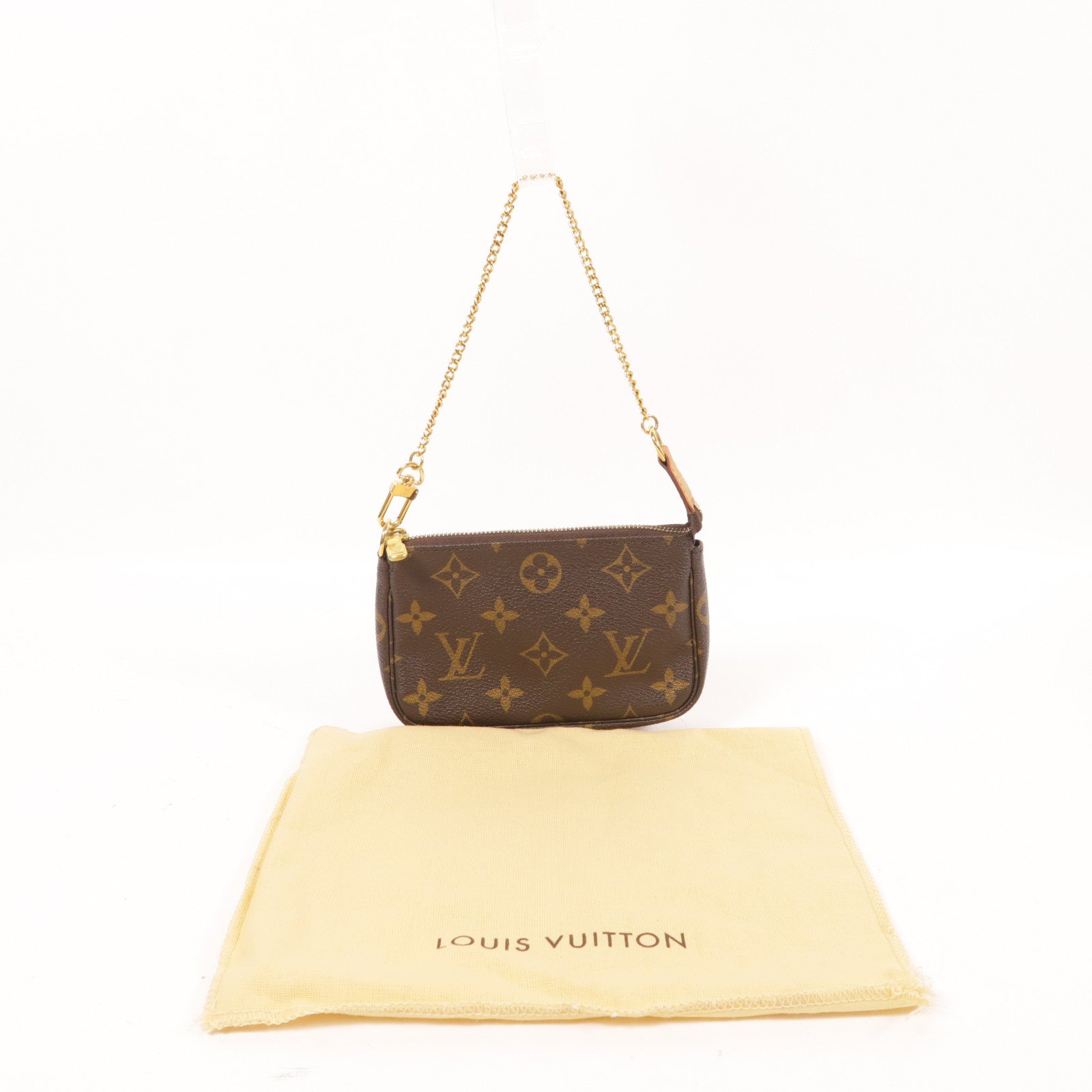 LOUIS VUITTON Monogram Mini Pochette Accessoires金扣手挽袋棕色