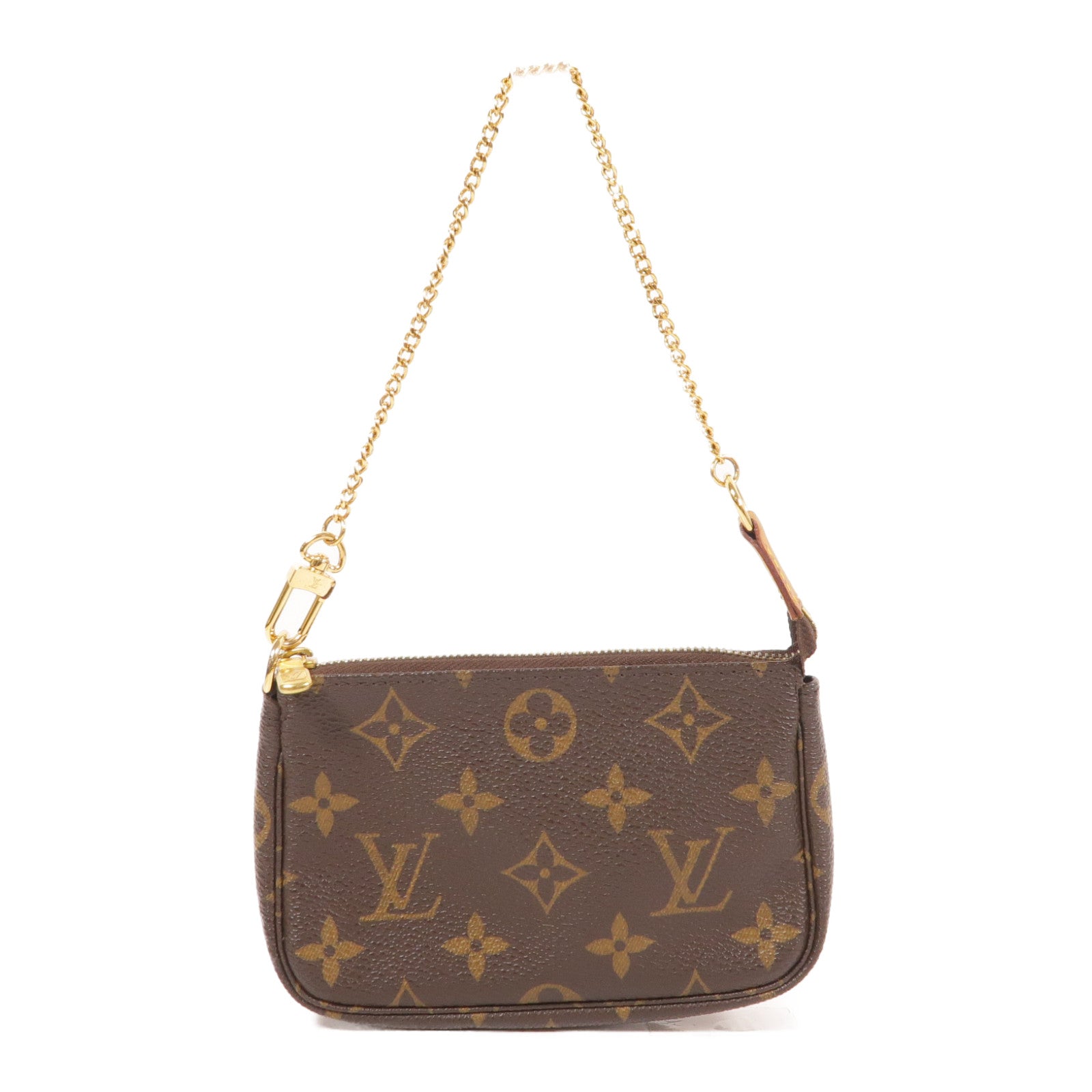 LOUIS VUITTON Monogram Mini Pochette Accessoires金扣手挽袋棕色