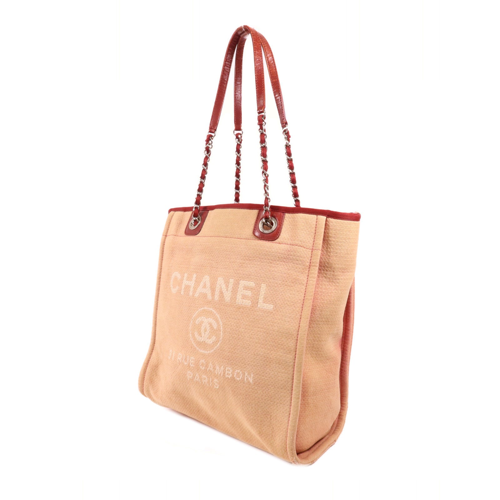 CHANEL 帆布Deauville Tote銀扣鏈帶肩背袋