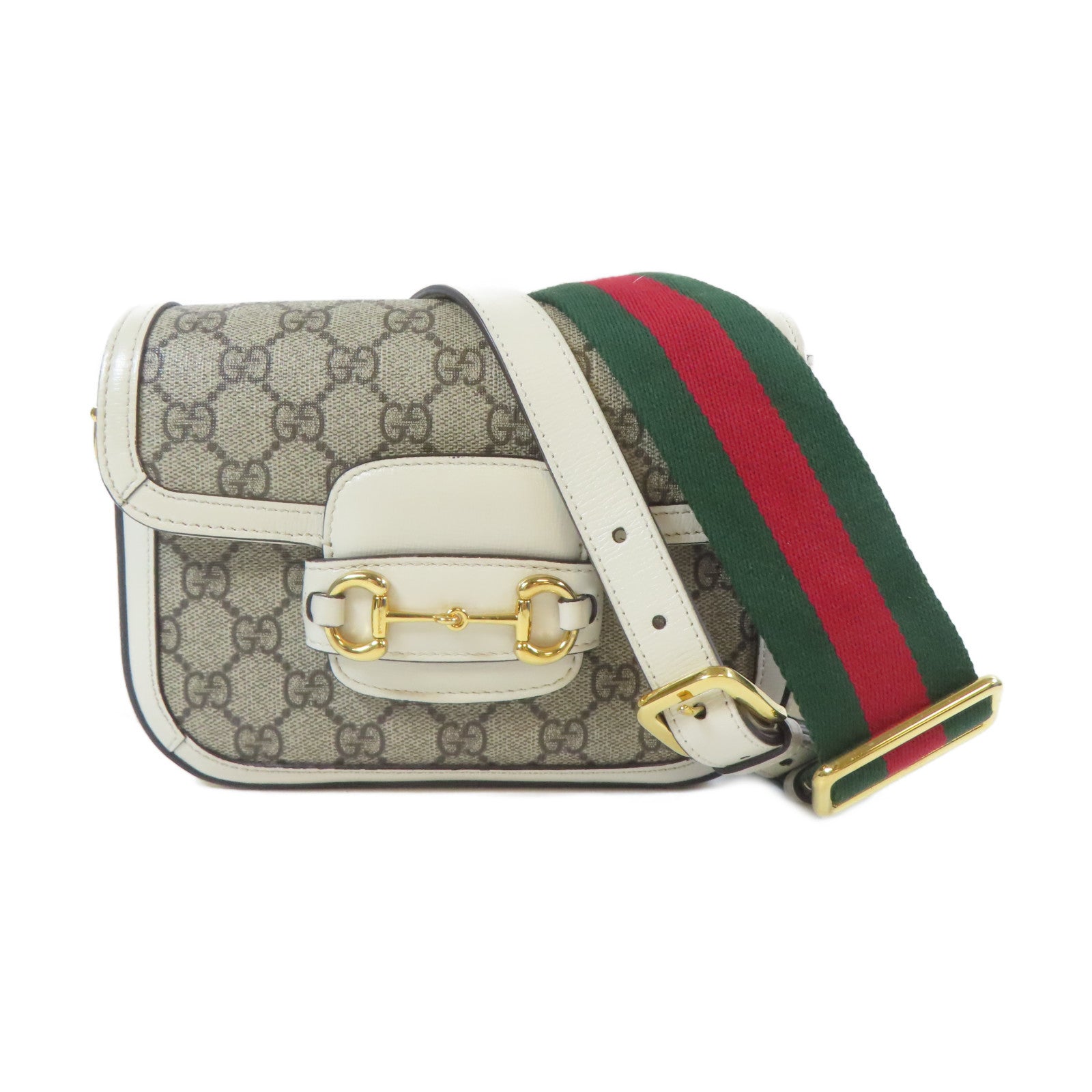 GUCCI 塗層帆布Horsebit 1955 Mini Bag金扣肩背袋白色/啡色