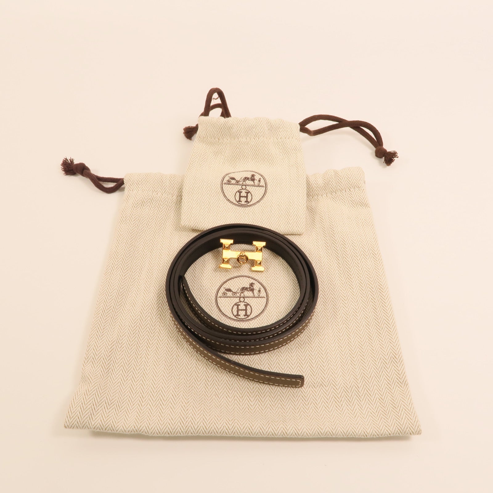 HERMES Epsom/Swift皮革H Belt金扣皮帶Etoupe/Noir