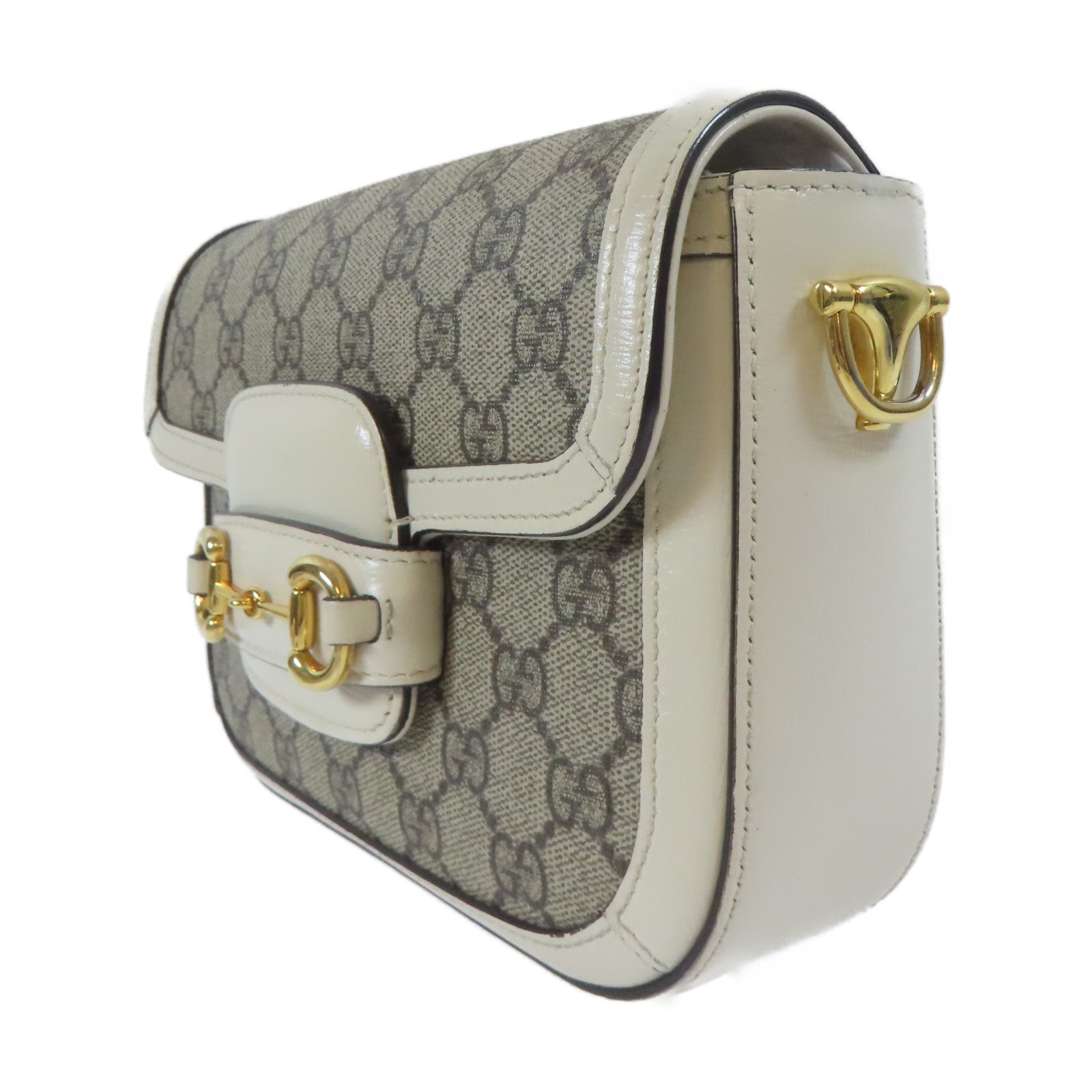 GUCCI 塗層帆布Horsebit 1955 Mini Bag金扣肩背袋白色/啡色