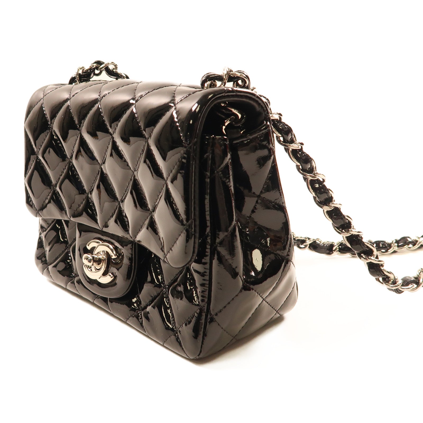 CHANEL 漆皮皮革Mini Classic 17銀扣鏈帶肩背袋