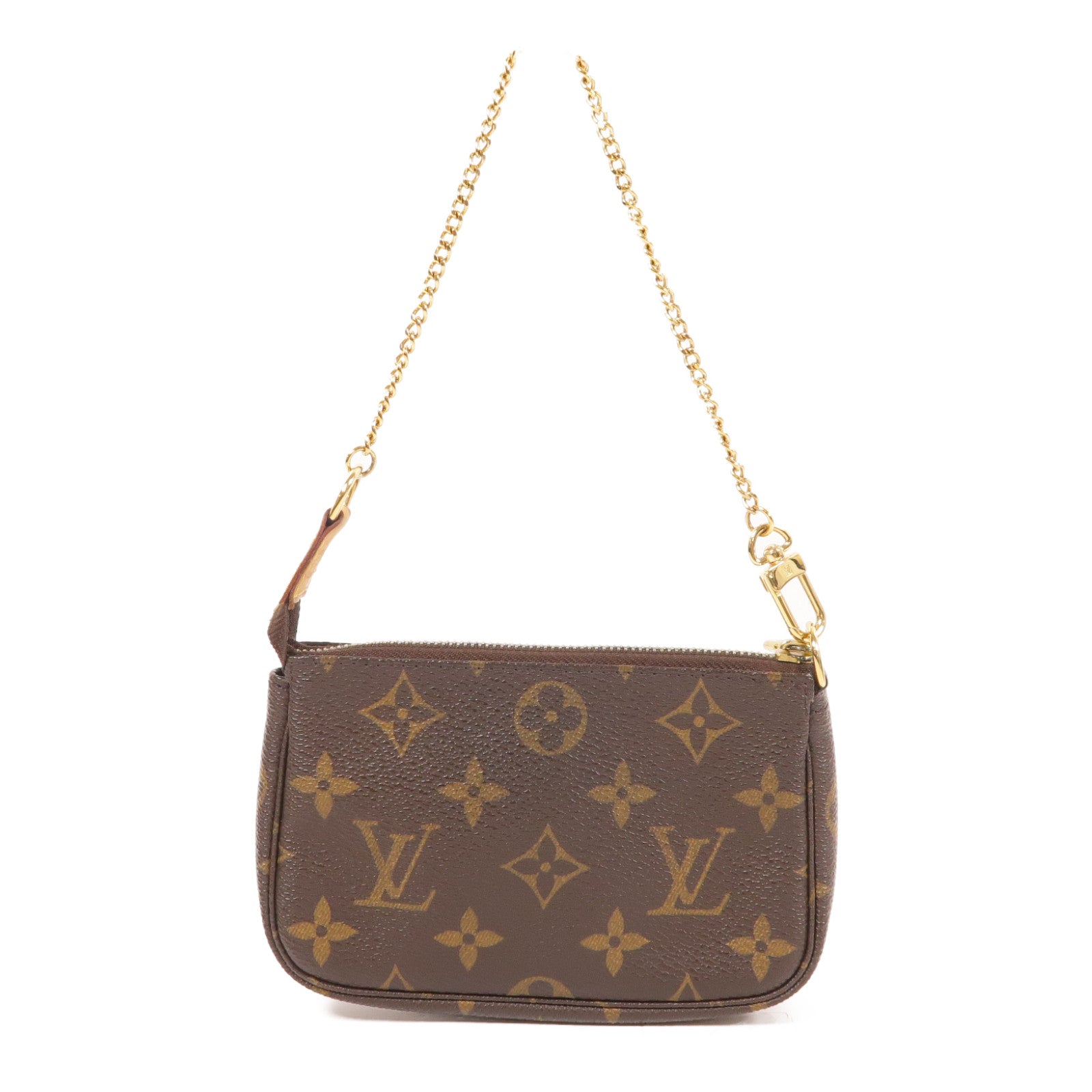 LOUIS VUITTON Monogram Mini Pochette Accessoires金扣手挽袋棕色