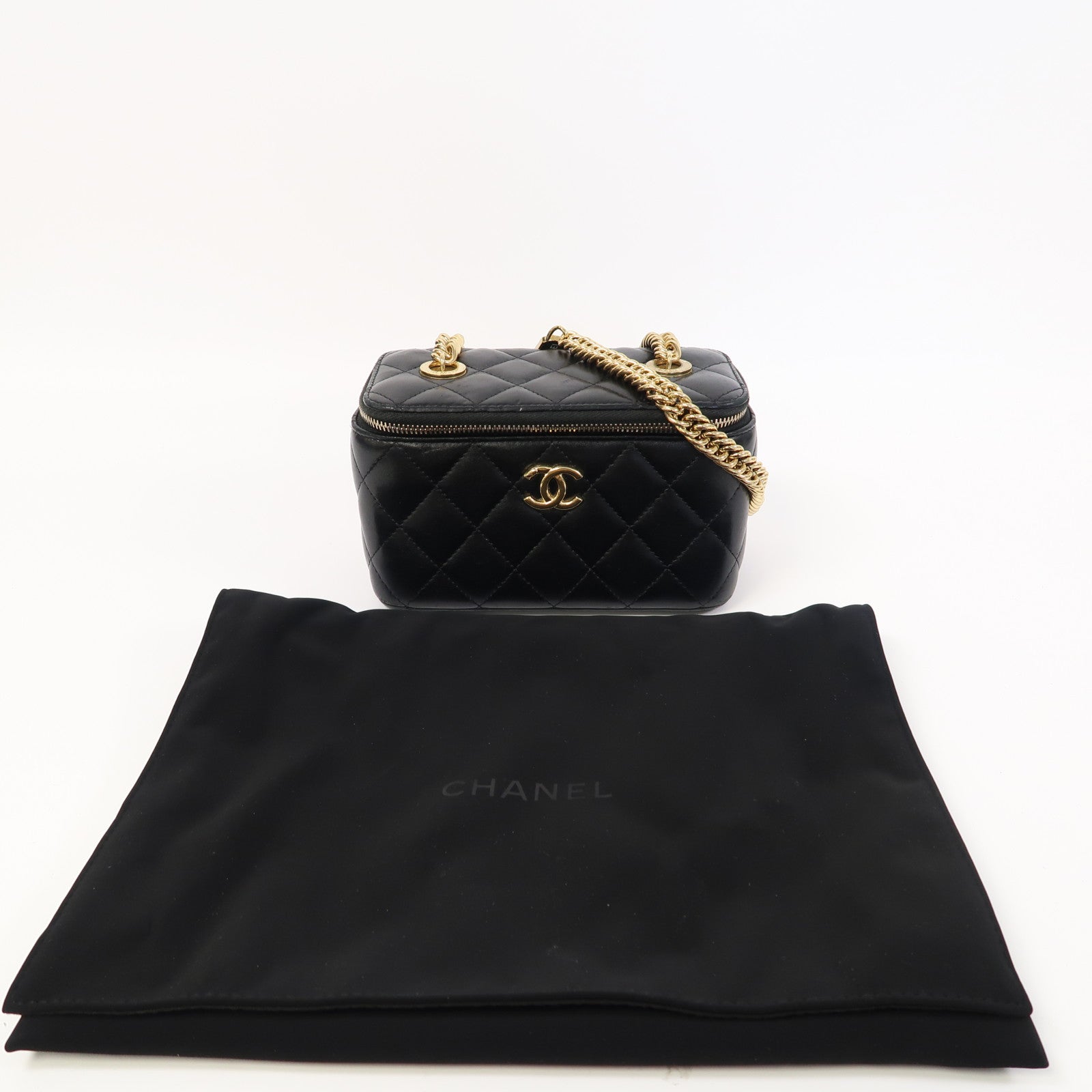 CHANEL 【激減優惠】菱格羊皮皮革Vanity Case金扣鏈帶肩背袋黑色