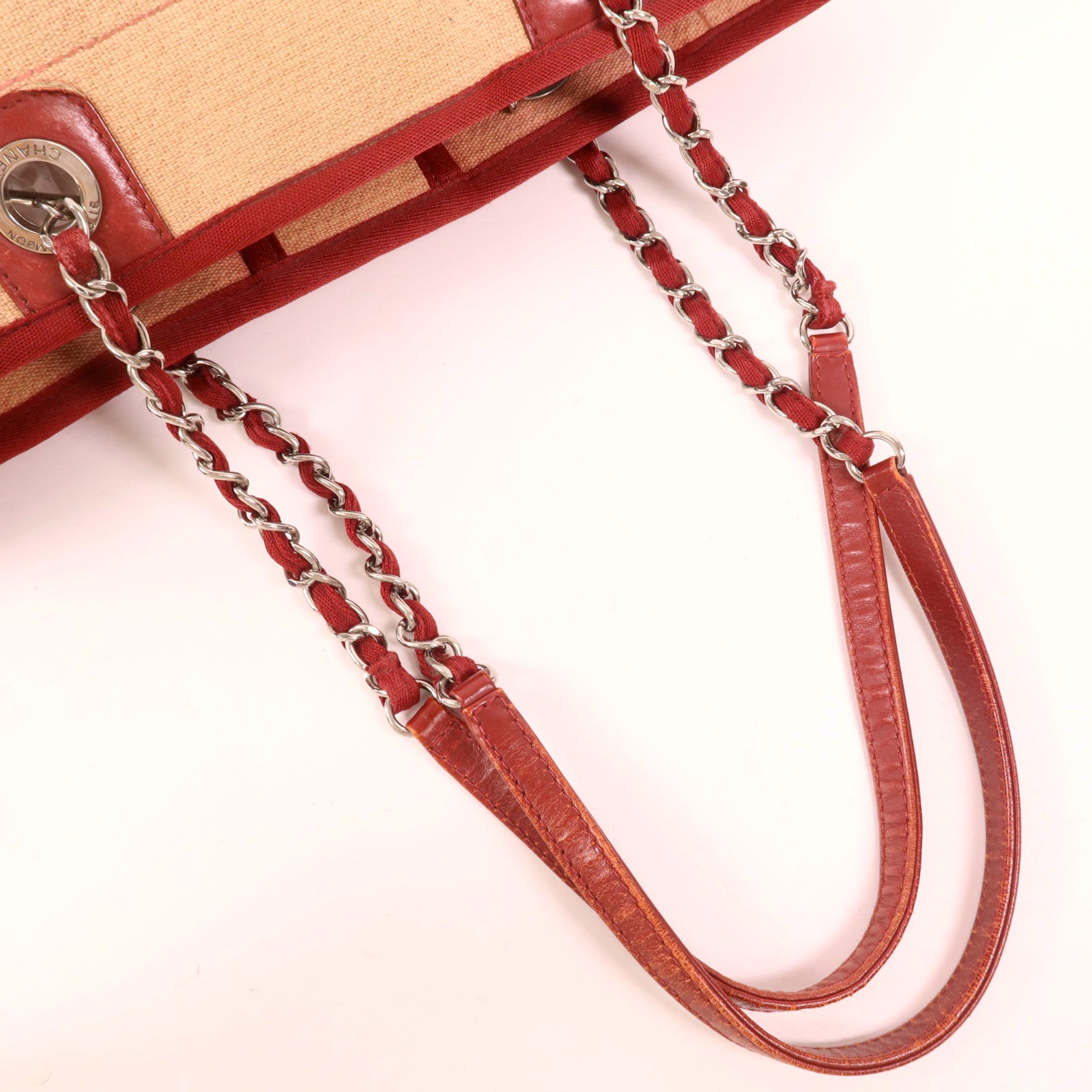 CHANEL 帆布Deauville Tote銀扣鏈帶肩背袋