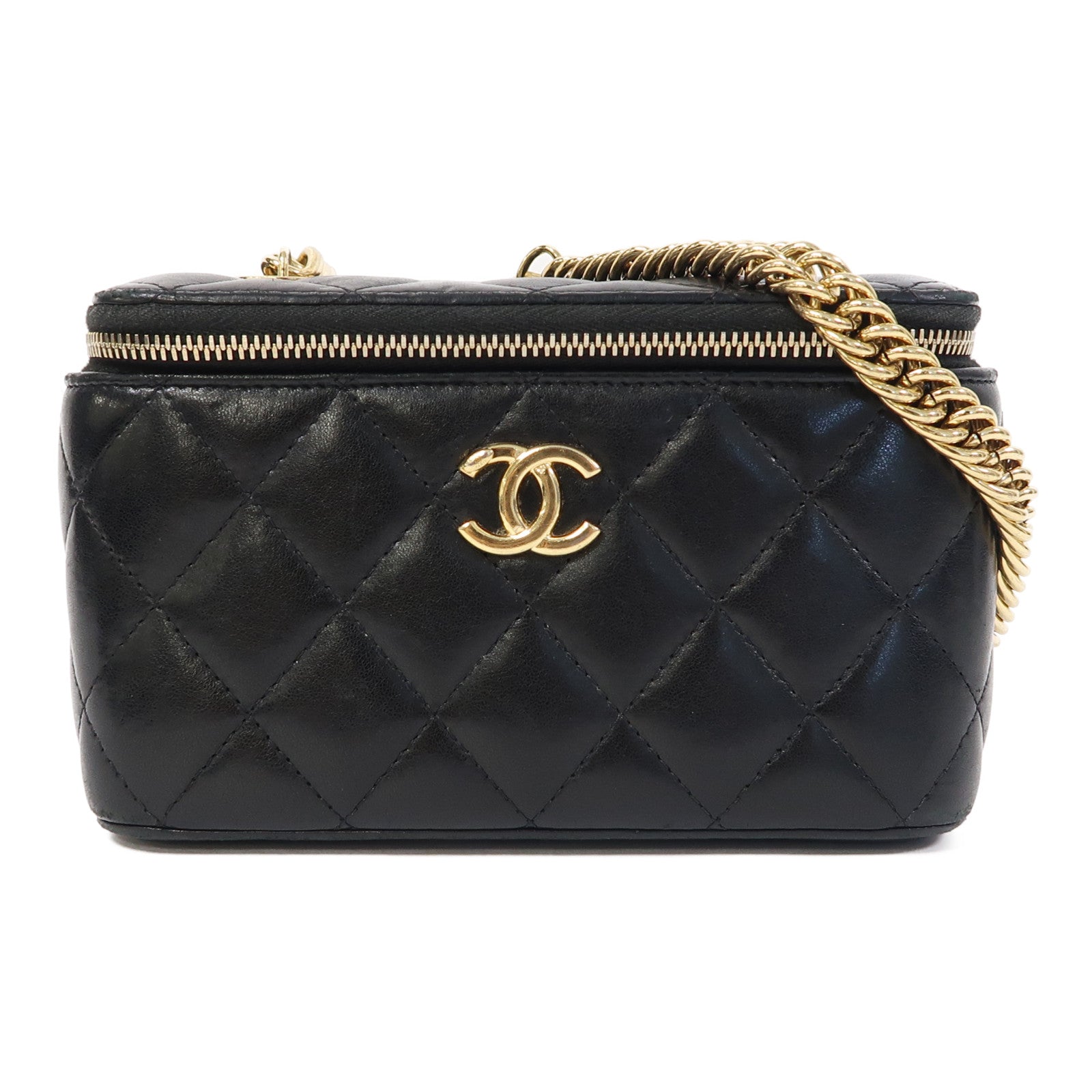 CHANEL 【激減優惠】菱格羊皮皮革Vanity Case金扣鏈帶肩背袋黑色