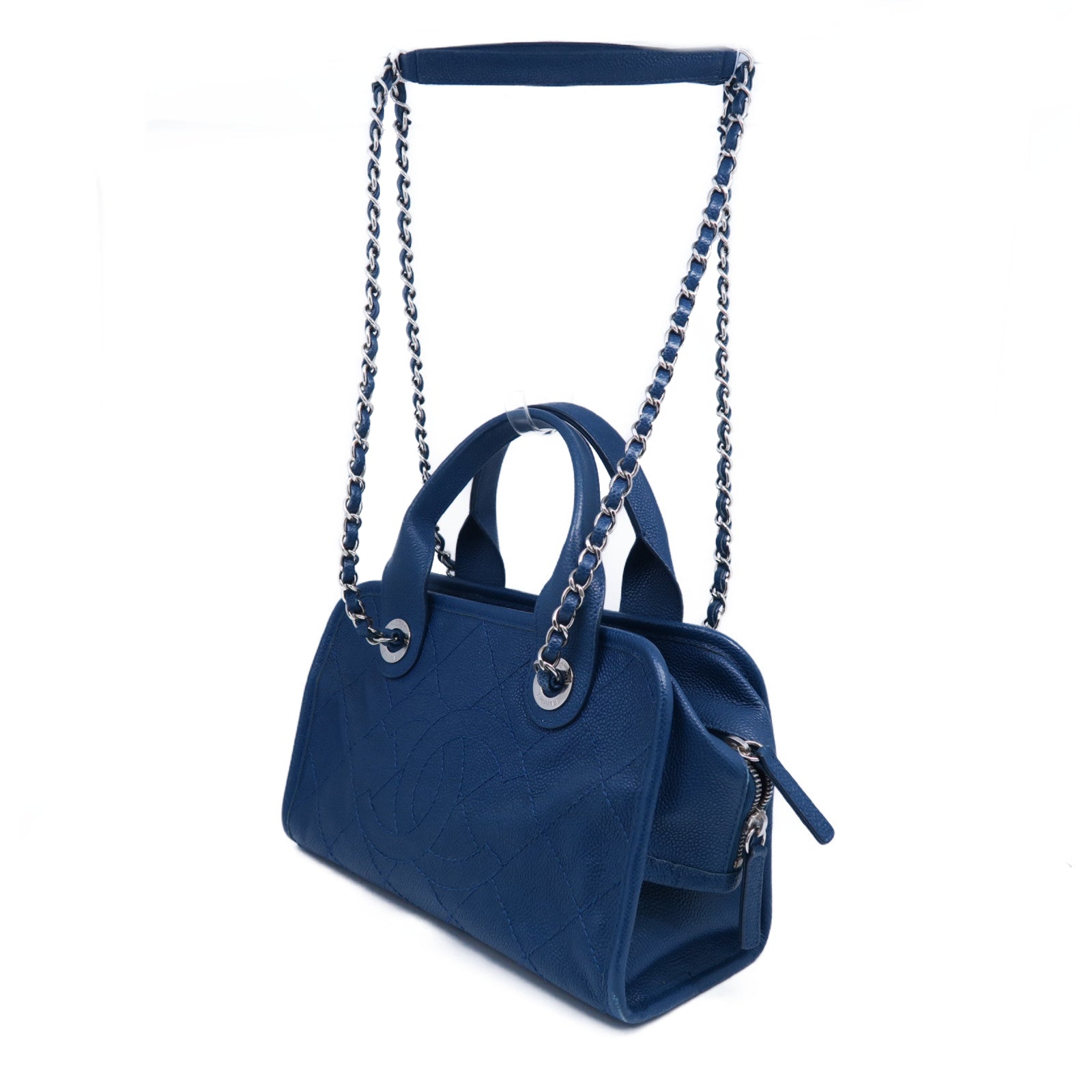 CHANEL 【激減優惠】菱格牛皮皮革2 Way Shoulder Bag銀扣手挽肩背兩用袋藍色