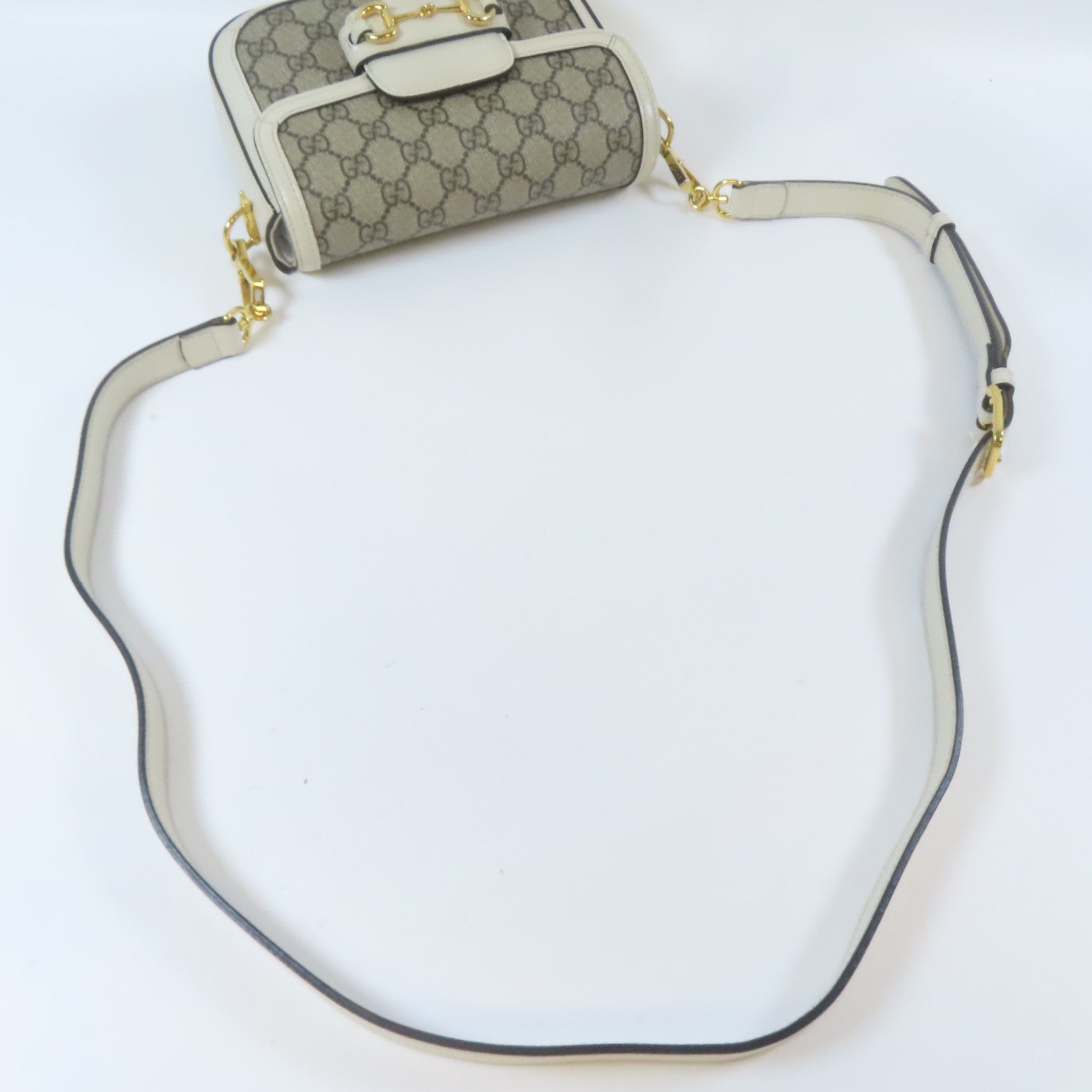 GUCCI 塗層帆布Horsebit 1955 Mini Bag金扣肩背袋白色/啡色