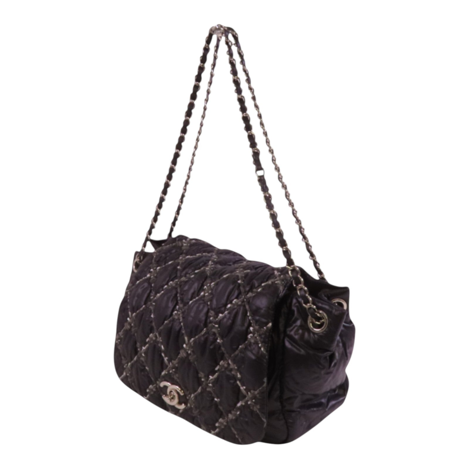 CHANEL 尼龍Chain Shoulder銀扣鏈帶肩背袋