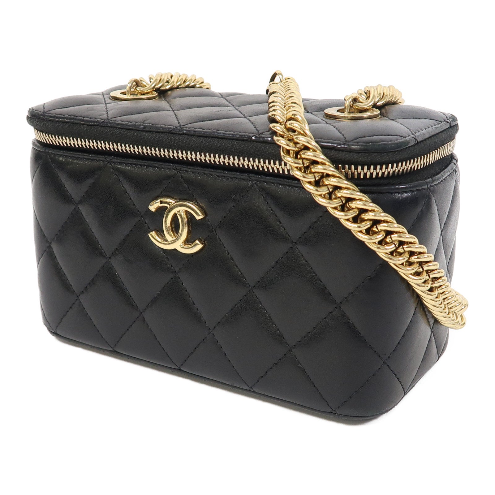 CHANEL 【激減優惠】菱格羊皮皮革Vanity Case金扣鏈帶肩背袋黑色