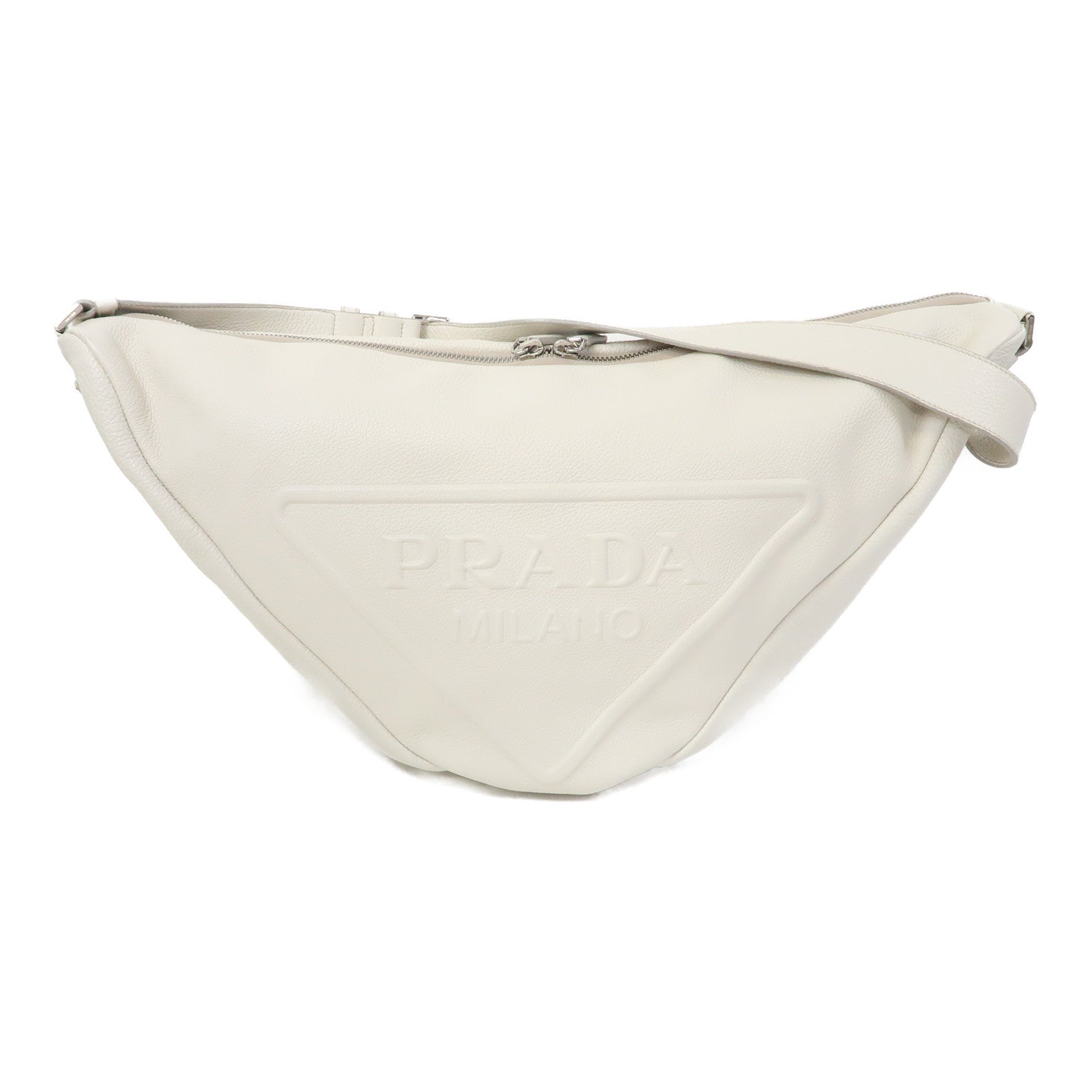 PRADA 牛皮皮革Triangle Bag銀扣肩背袋白色