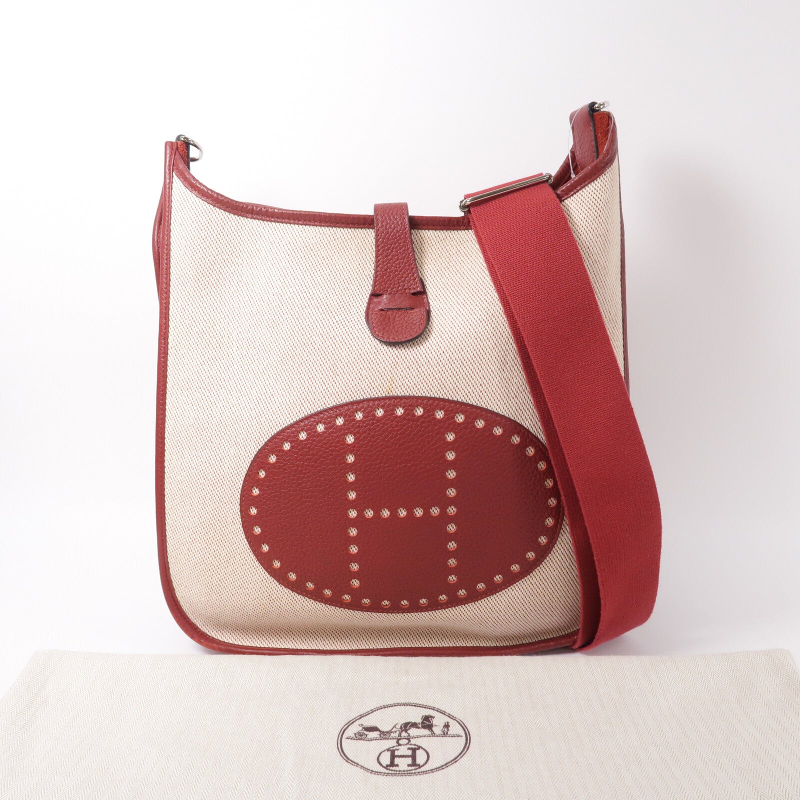 HERMES 帆布/Clemence皮革Evelyne PM肩背袋Rouge