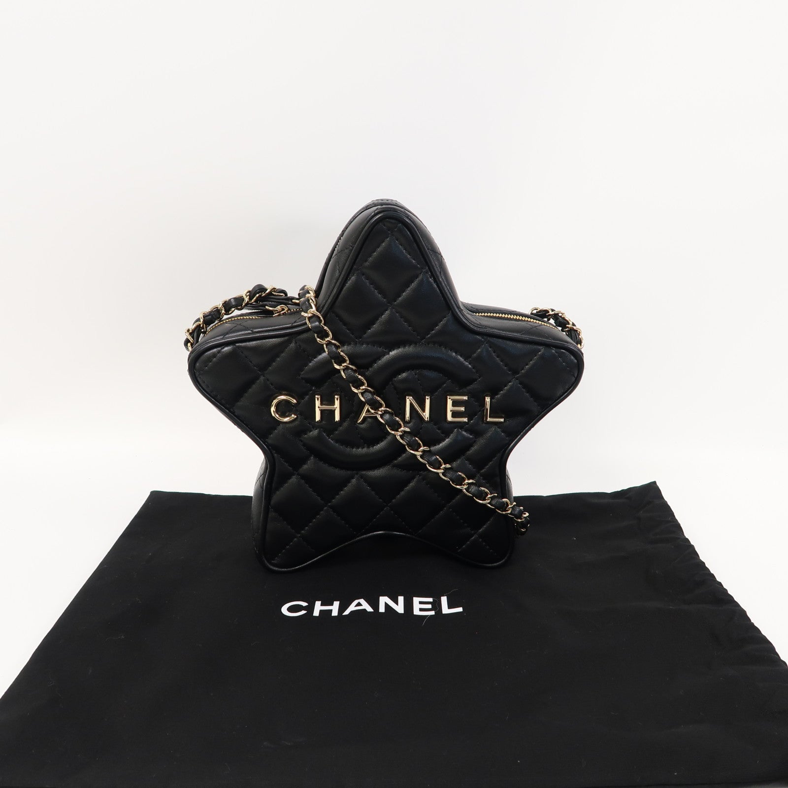 CHANEL 菱格羊皮皮革Chain Shoulder金扣鏈帶肩背袋黑色