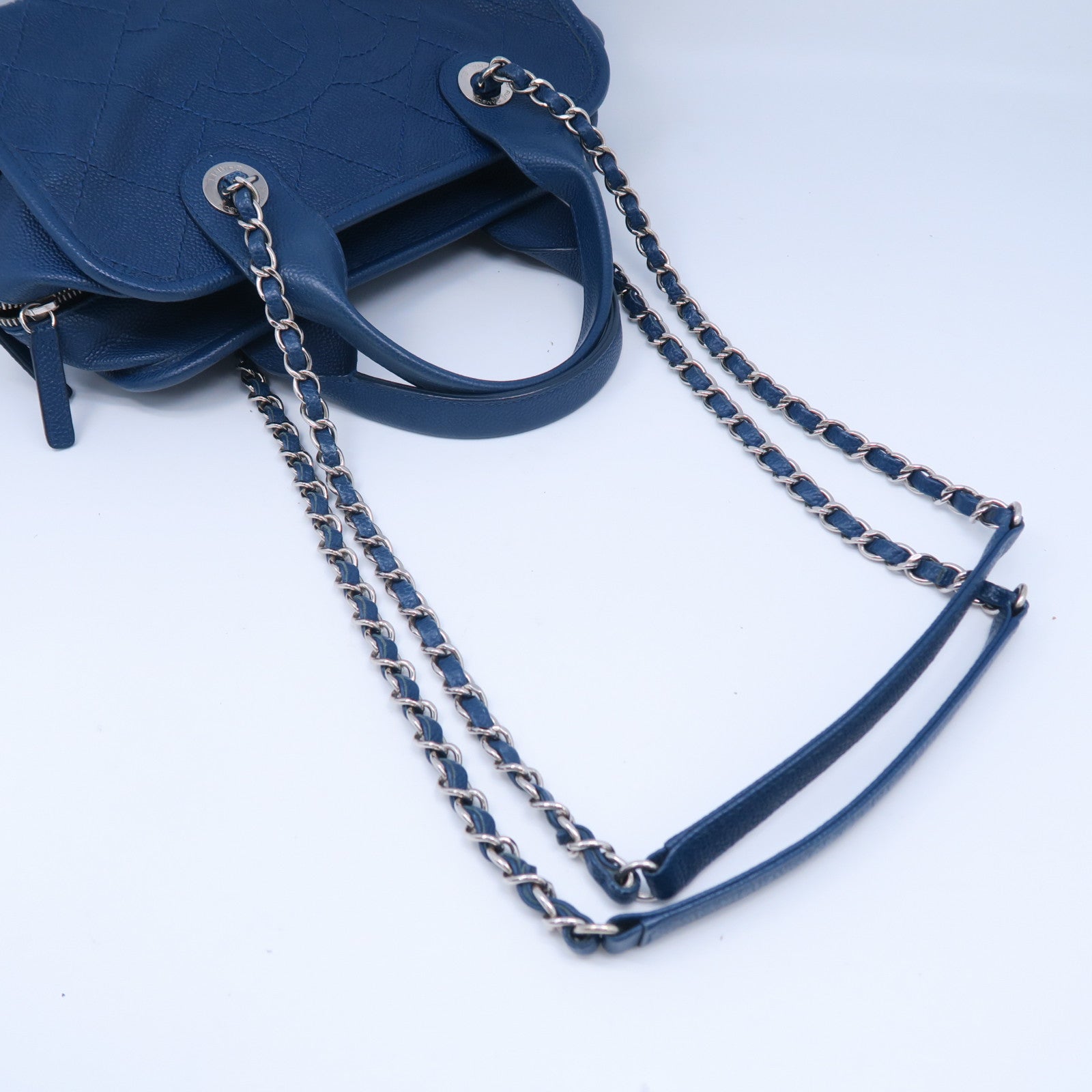 CHANEL 【激減優惠】菱格牛皮皮革2 Way Shoulder Bag銀扣手挽肩背兩用袋藍色