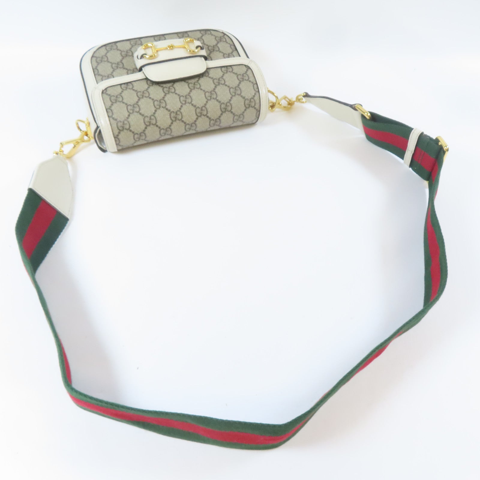 GUCCI 塗層帆布Horsebit 1955 Mini Bag金扣肩背袋白色/啡色