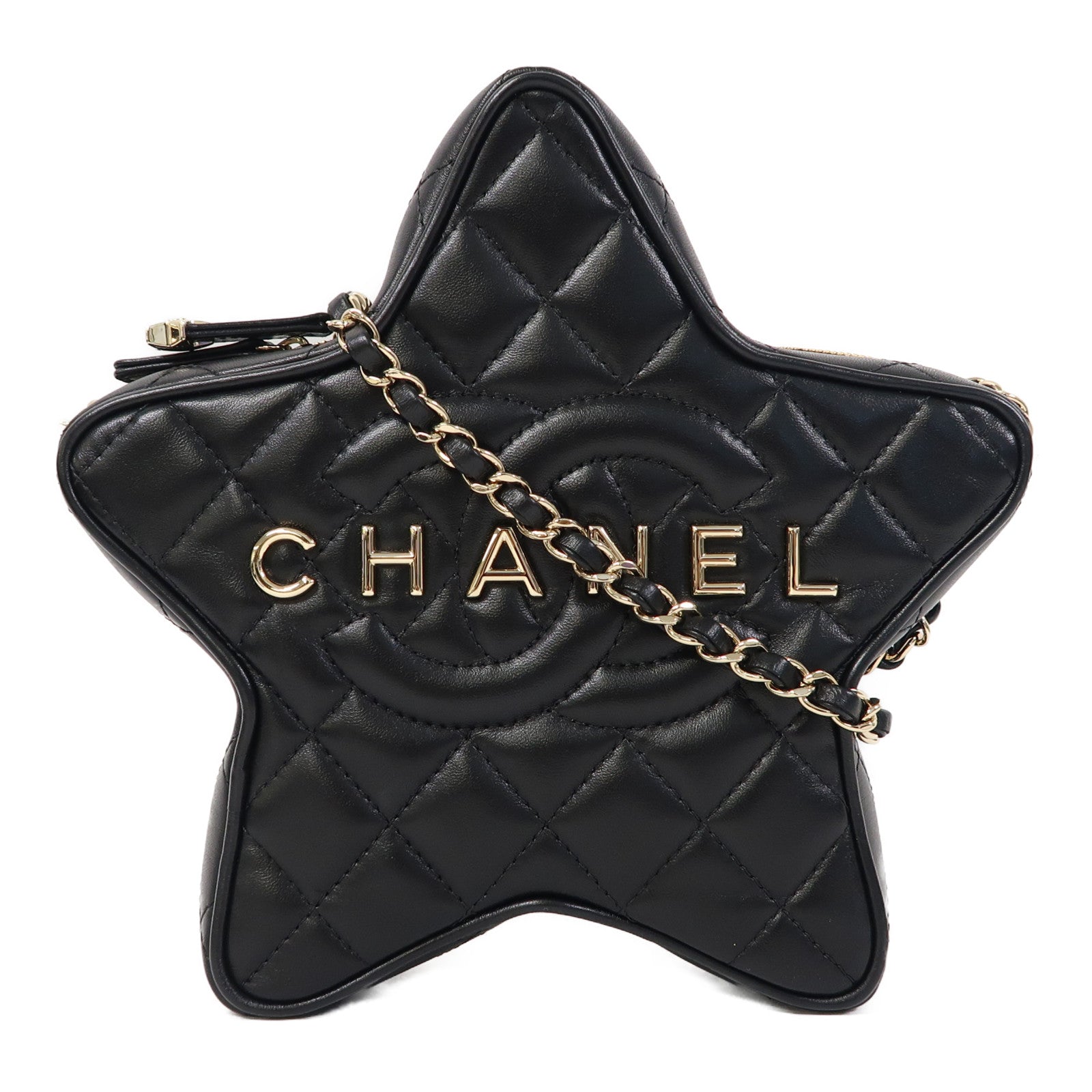 CHANEL 菱格羊皮皮革Chain Shoulder金扣鏈帶肩背袋黑色