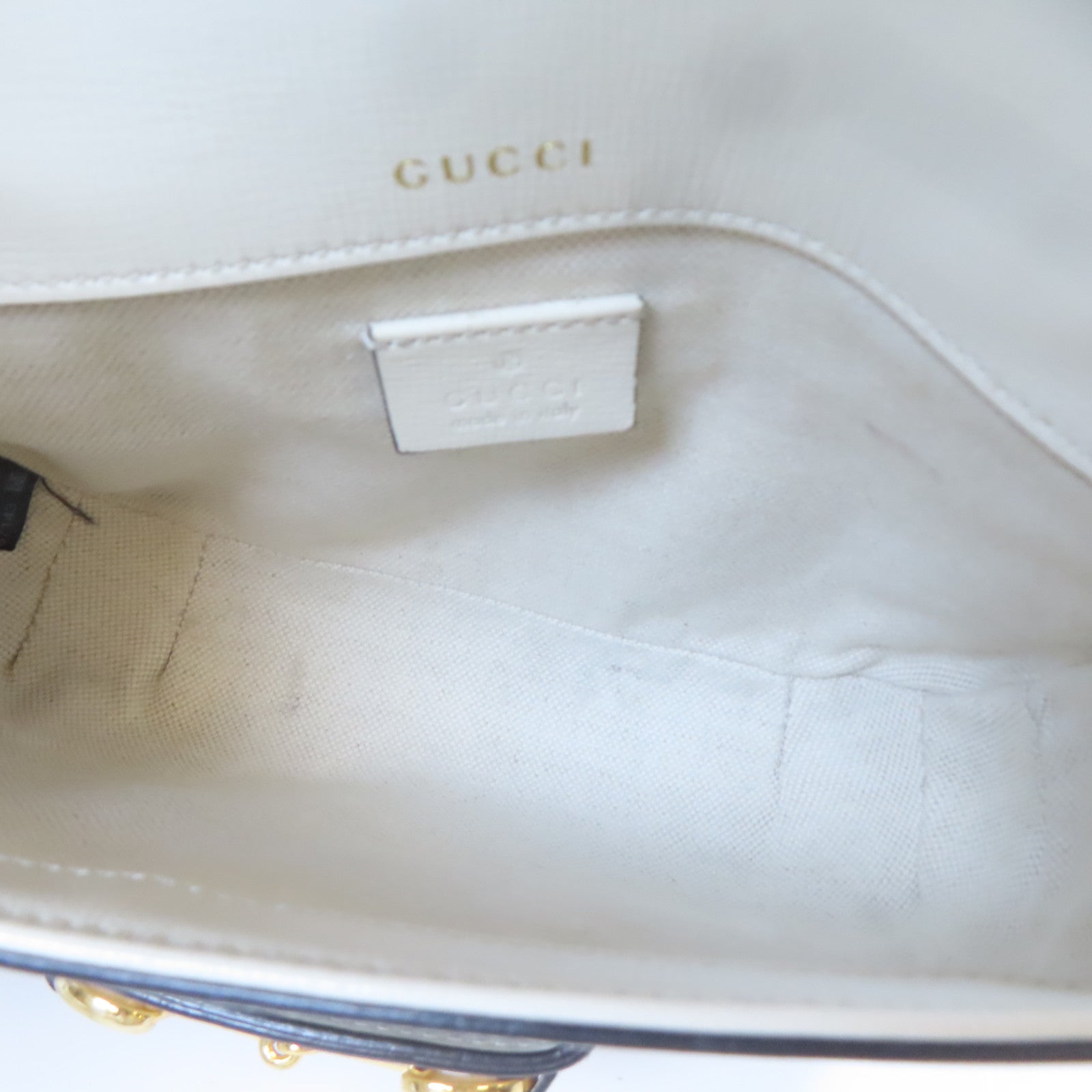 GUCCI 塗層帆布Horsebit 1955 Mini Bag金扣肩背袋白色/啡色