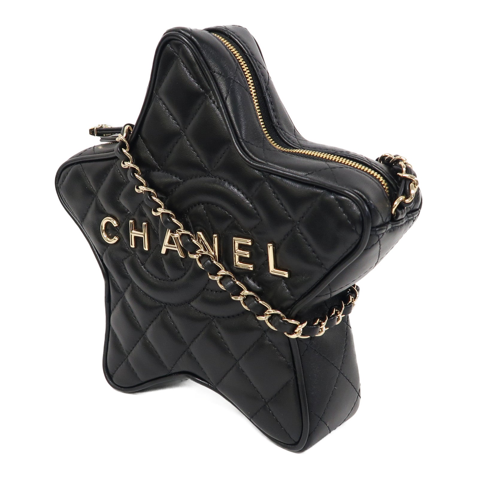 CHANEL 菱格羊皮皮革Chain Shoulder金扣鏈帶肩背袋黑色