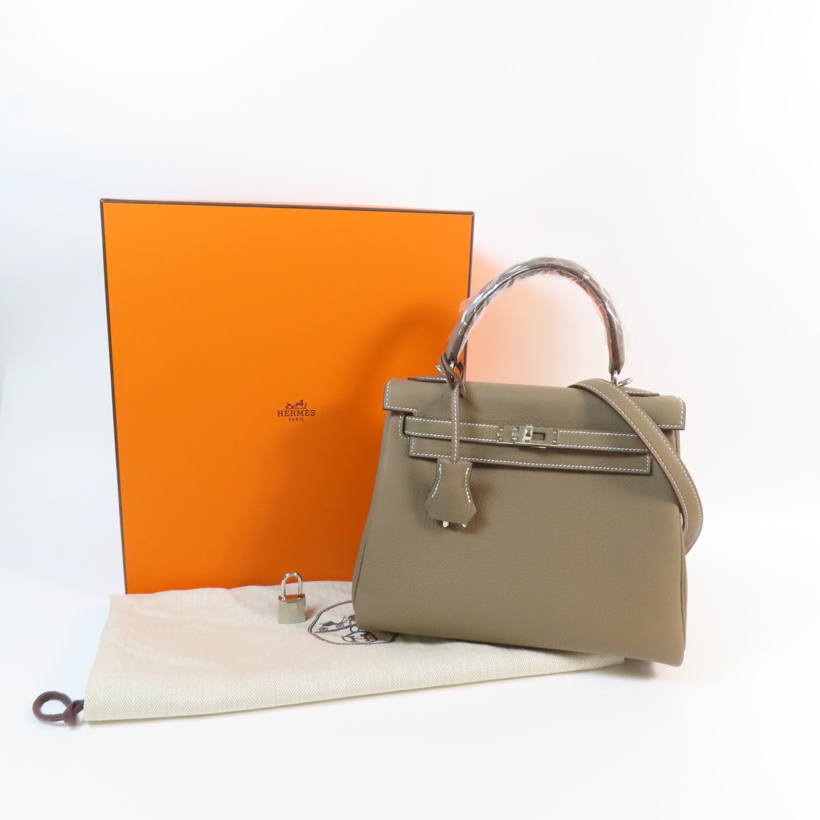 HERMES 【激減優惠】Togo皮革Kelly 25銀扣手挽肩背兩用袋Etoupe