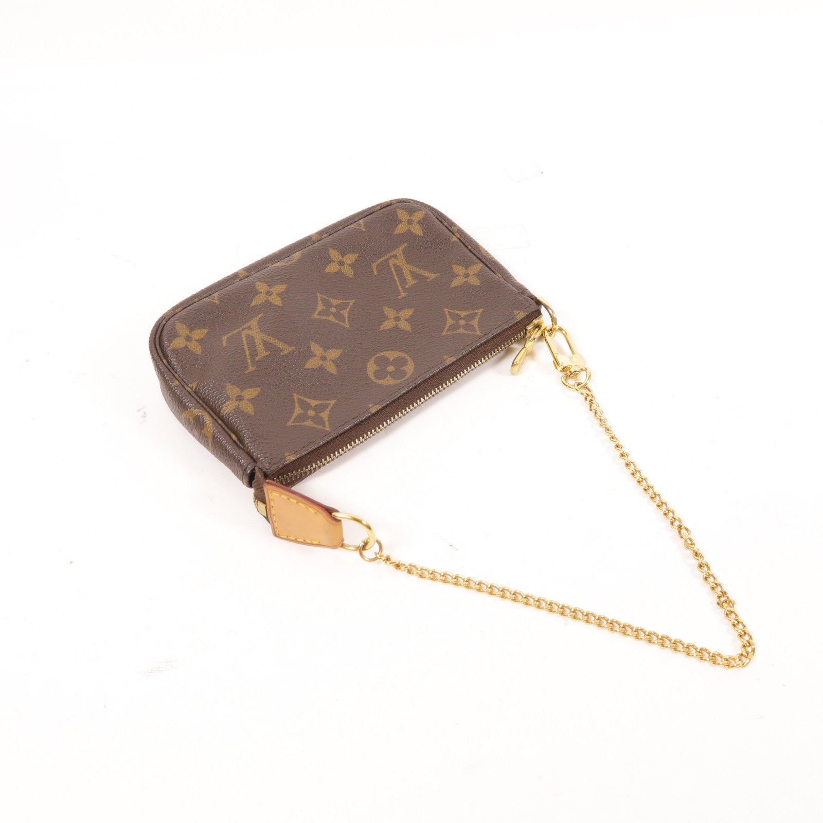 LOUIS VUITTON Monogram Mini Pochette Accessoires金扣手挽袋棕色