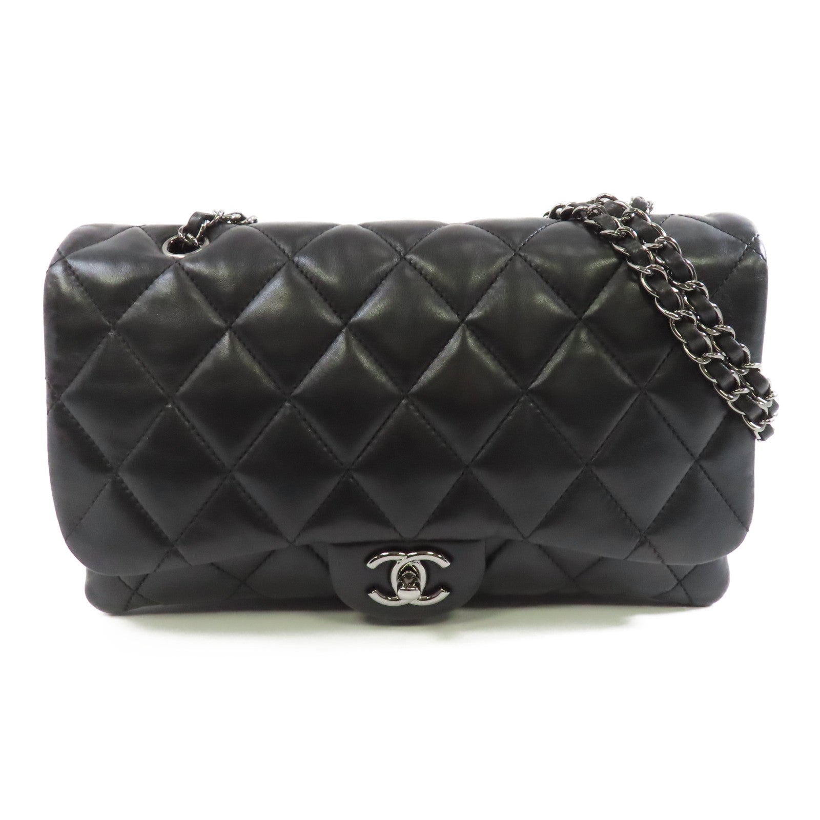 CHANEL 菱格羊皮皮革Chain Shoulder銀扣鏈帶肩背袋黑色