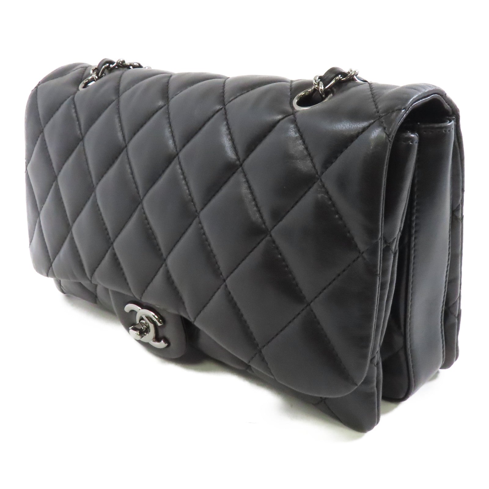 CHANEL 菱格羊皮皮革Chain Shoulder銀扣鏈帶肩背袋黑色