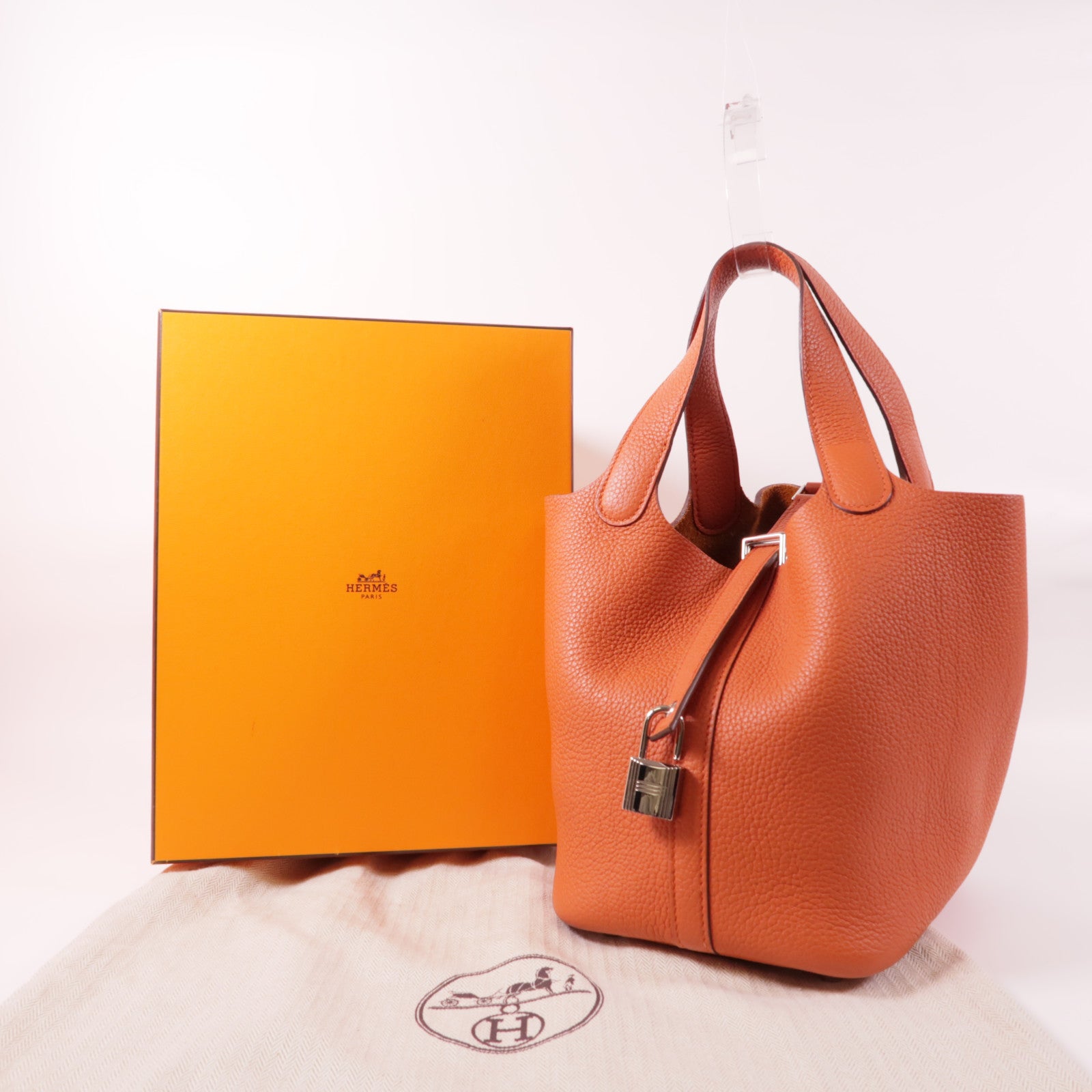 HERMES Clemence皮革Picotin PM銀扣手挽袋Terre Battue橙色