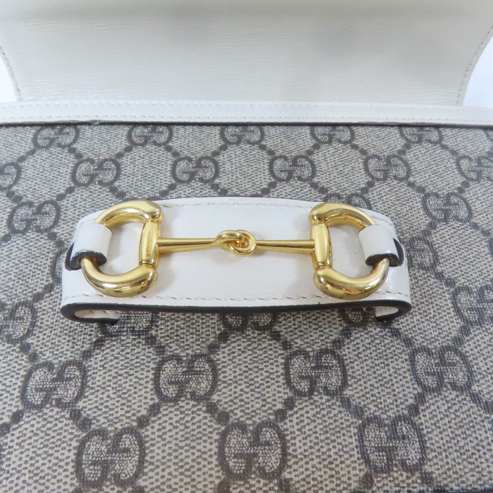 GUCCI 塗層帆布Horsebit 1955 Mini Bag金扣肩背袋白色/啡色