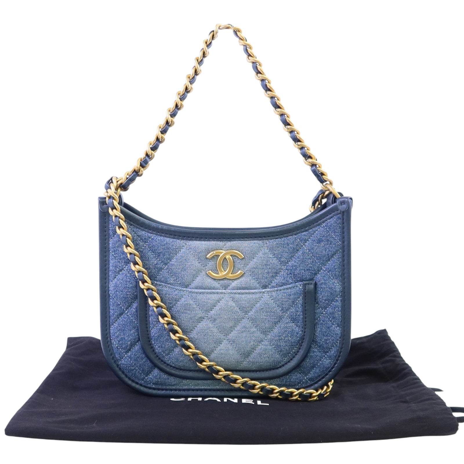 CHANEL 牛仔布Hobo Bag金扣鏈帶手挽肩背兩用袋
