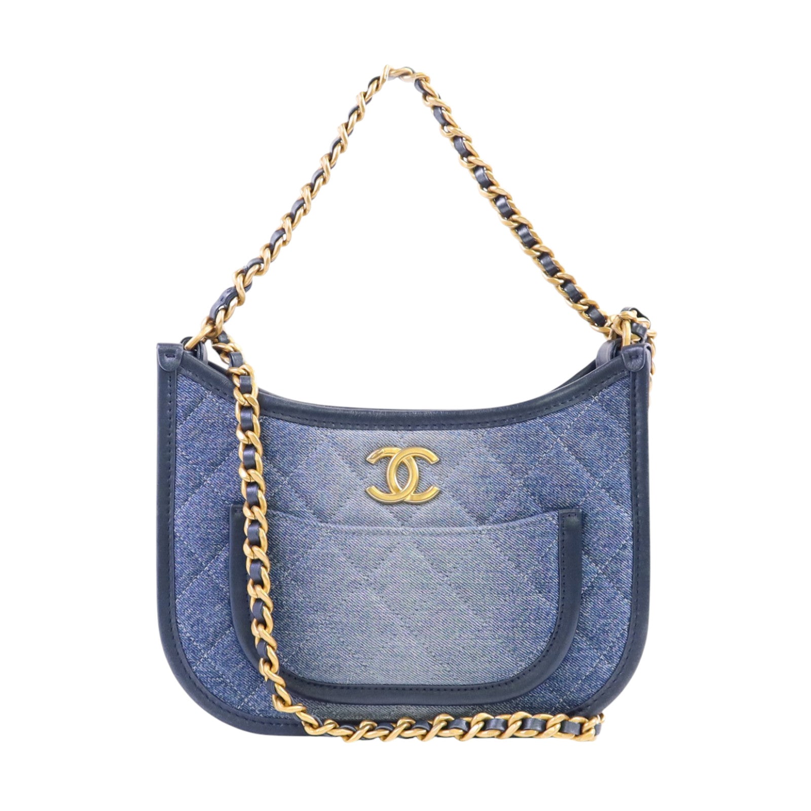 CHANEL 牛仔布Hobo Bag金扣鏈帶手挽肩背兩用袋
