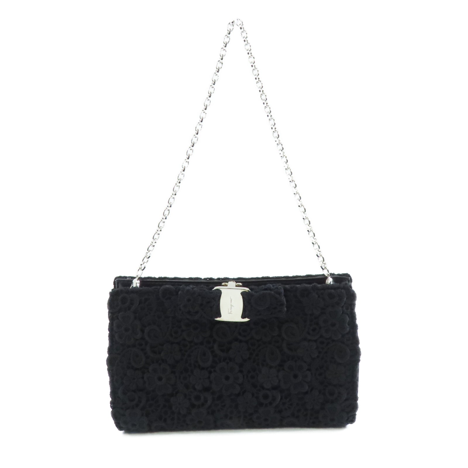 Salvatore Ferragamo 帆布Chain Shoulder銀扣鏈帶肩背袋黑色