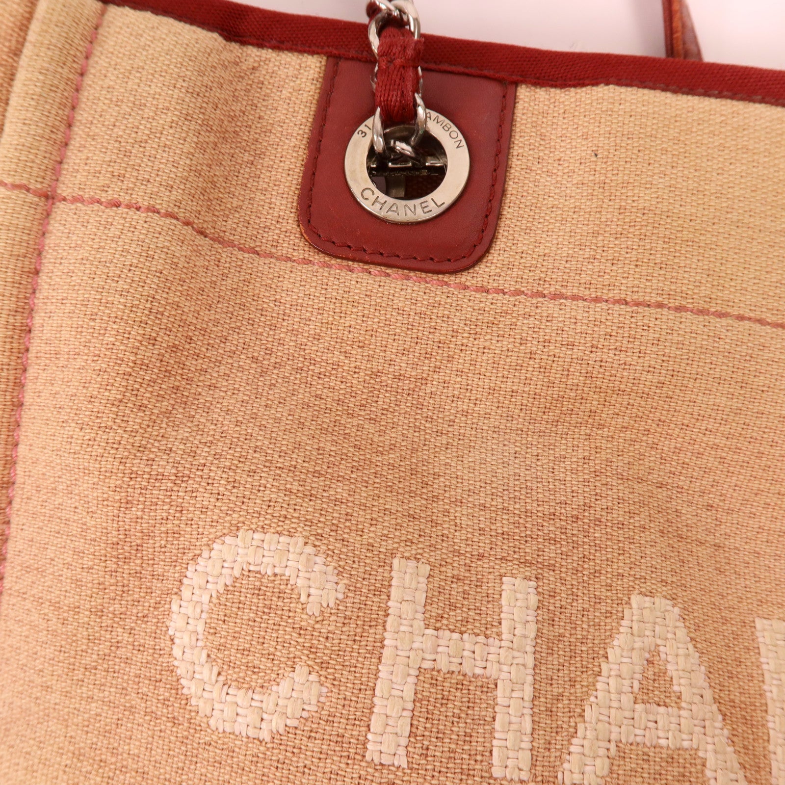 CHANEL 帆布Deauville Tote銀扣鏈帶肩背袋