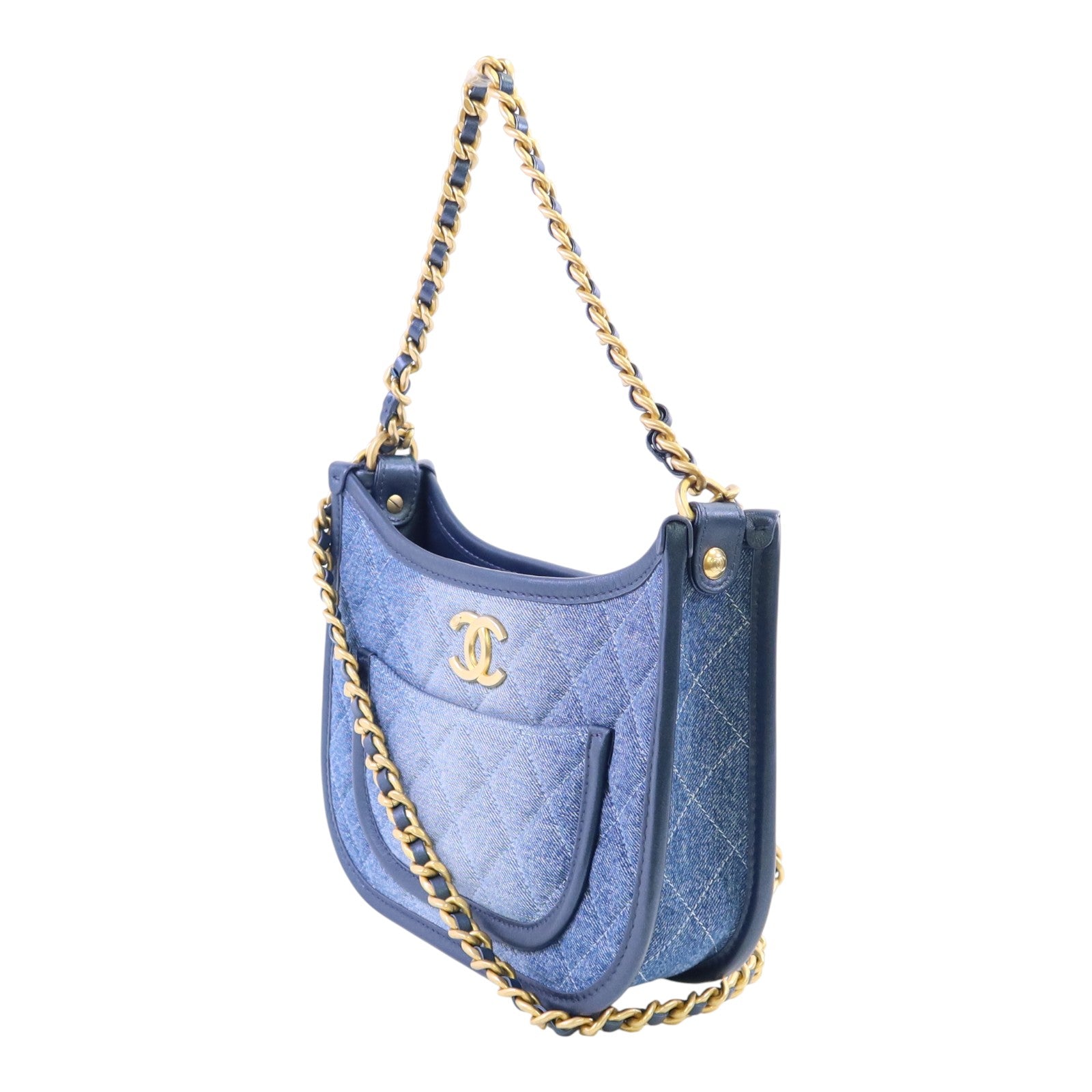 CHANEL 牛仔布Hobo Bag金扣鏈帶手挽肩背兩用袋