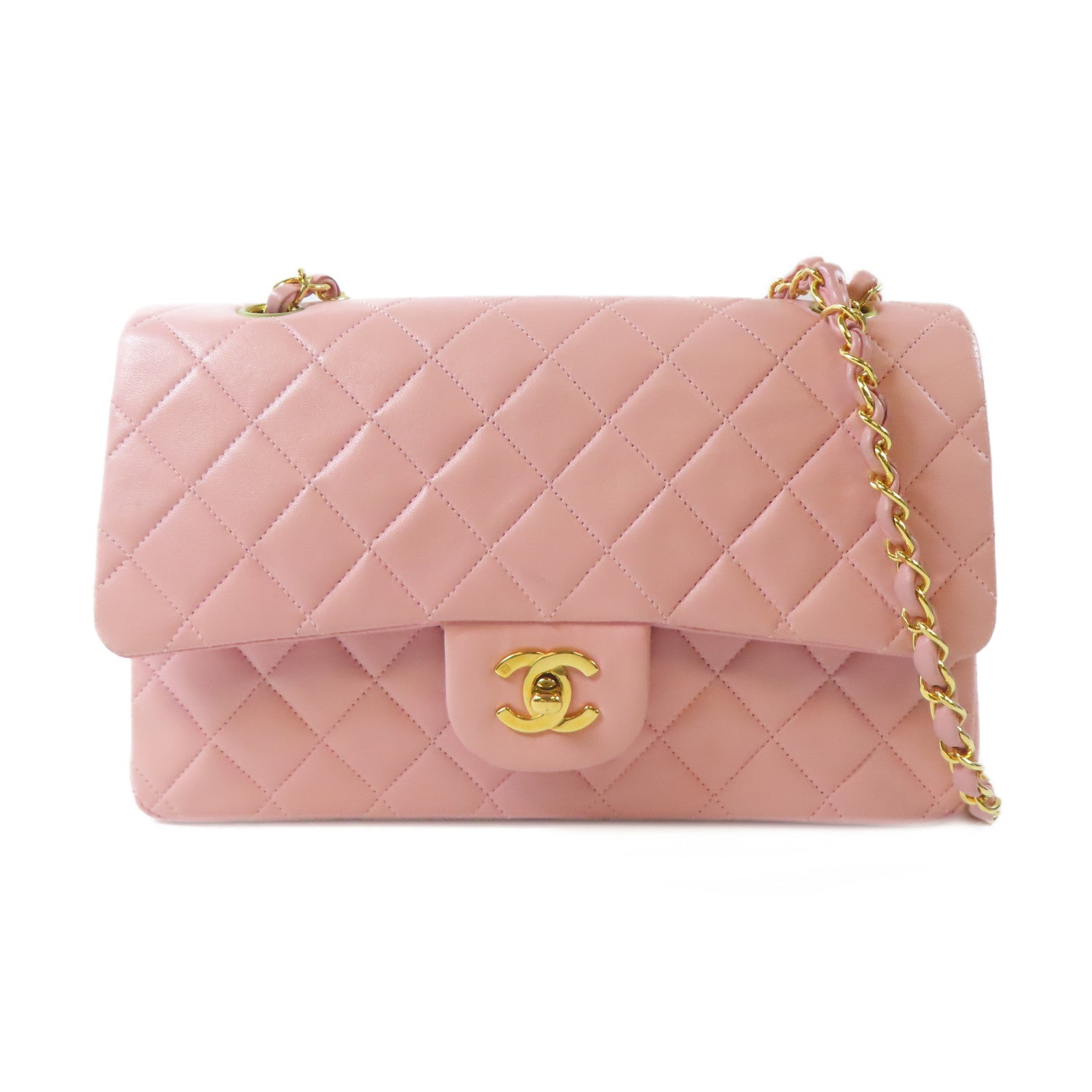 CHANEL 菱格羊皮皮革Chain Shoulder Bag金扣鏈帶肩背袋粉紅色