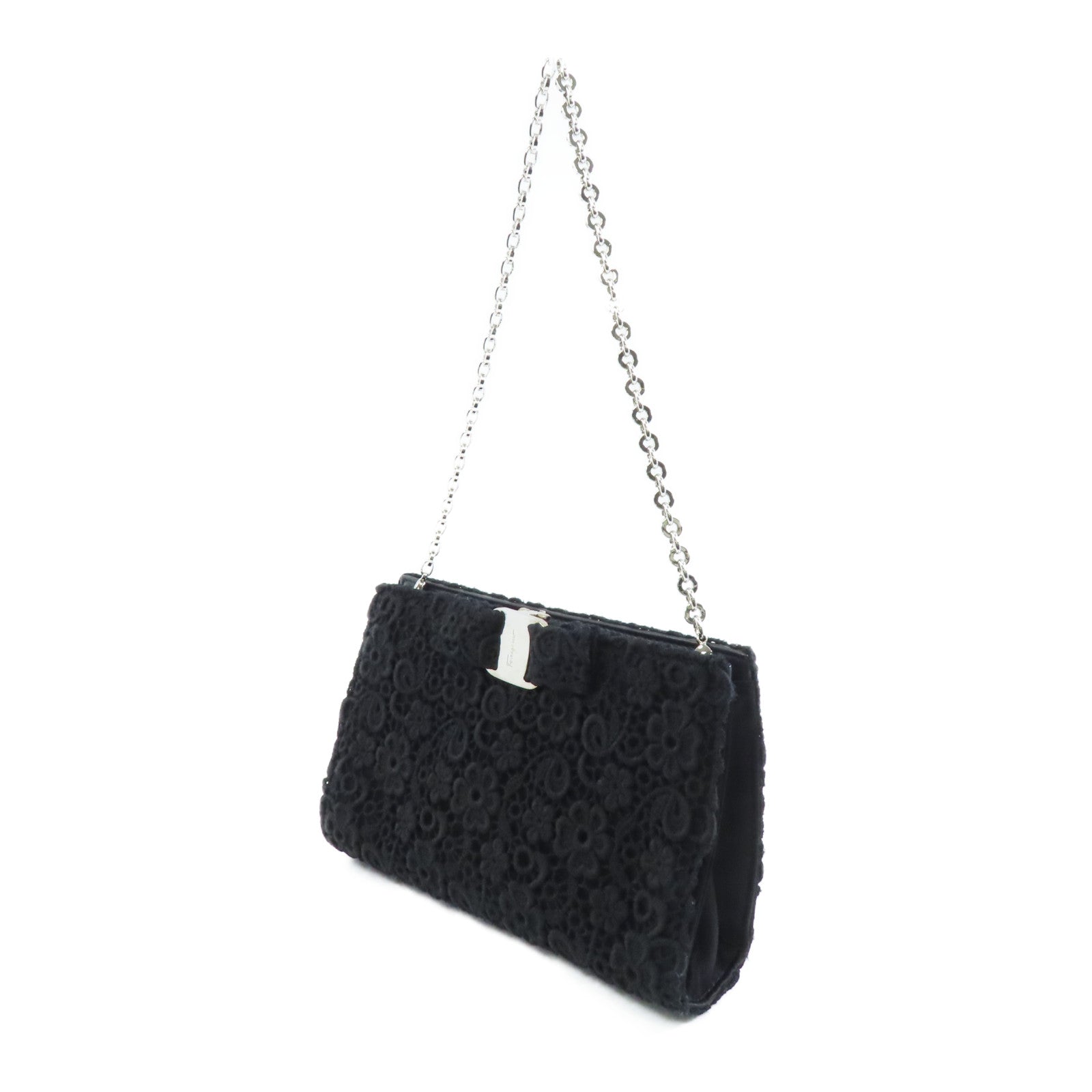 Salvatore Ferragamo 帆布Chain Shoulder銀扣鏈帶肩背袋黑色