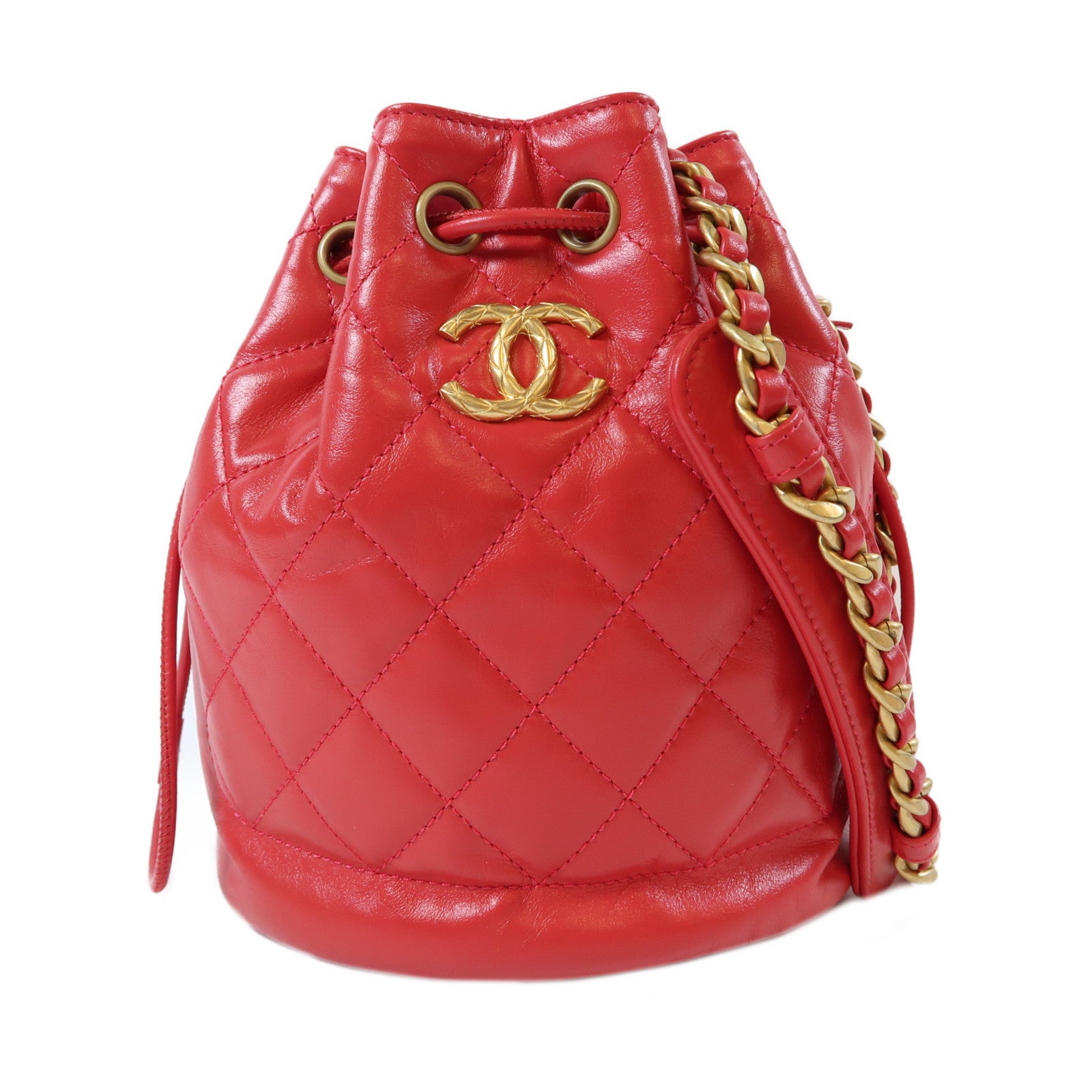 CHANEL 菱格牛皮皮革Drawstring金扣鏈帶肩背袋紅色