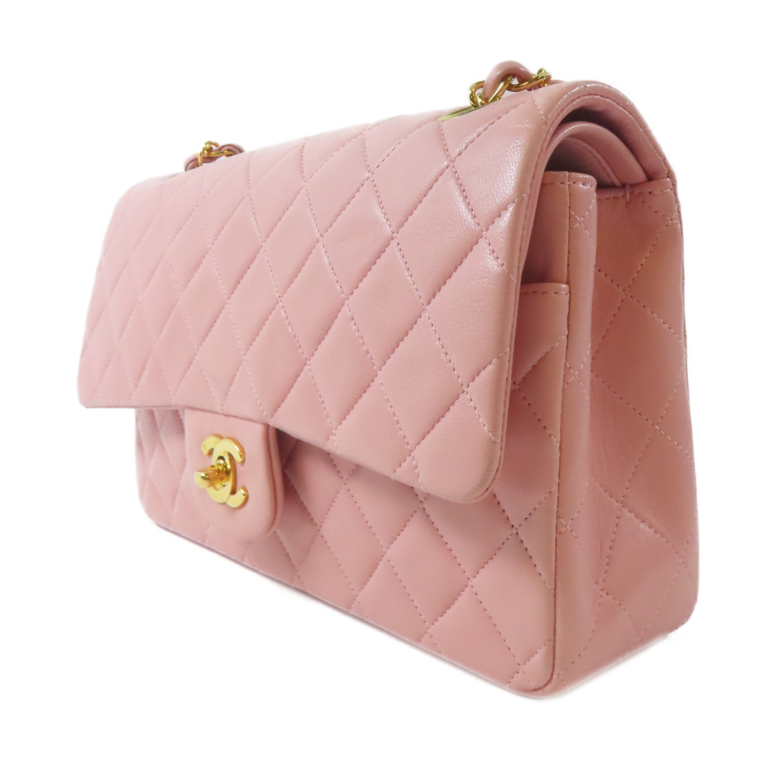 CHANEL 菱格羊皮皮革Chain Shoulder Bag金扣鏈帶肩背袋粉紅色