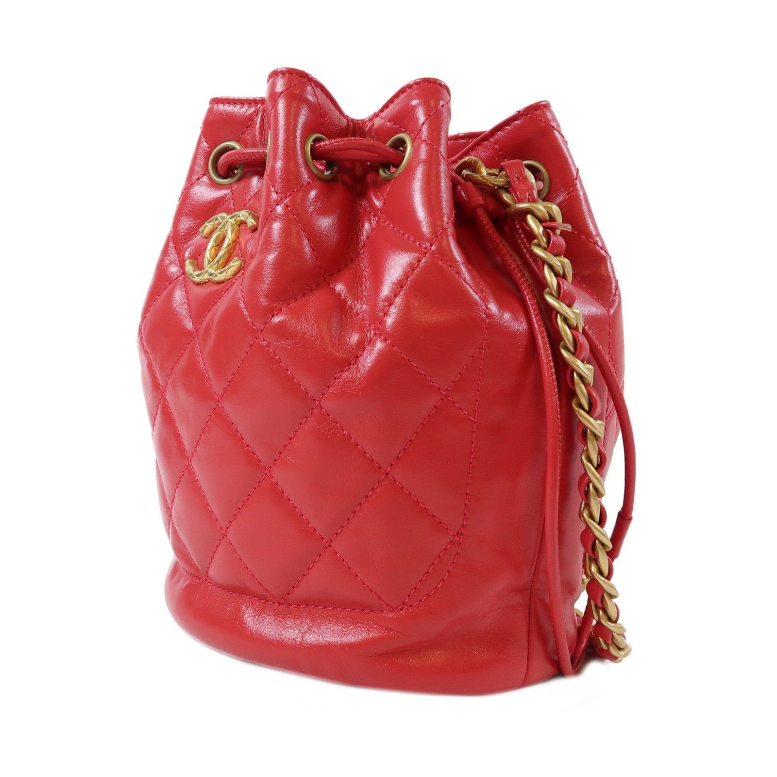 CHANEL 菱格牛皮皮革Drawstring金扣鏈帶肩背袋紅色