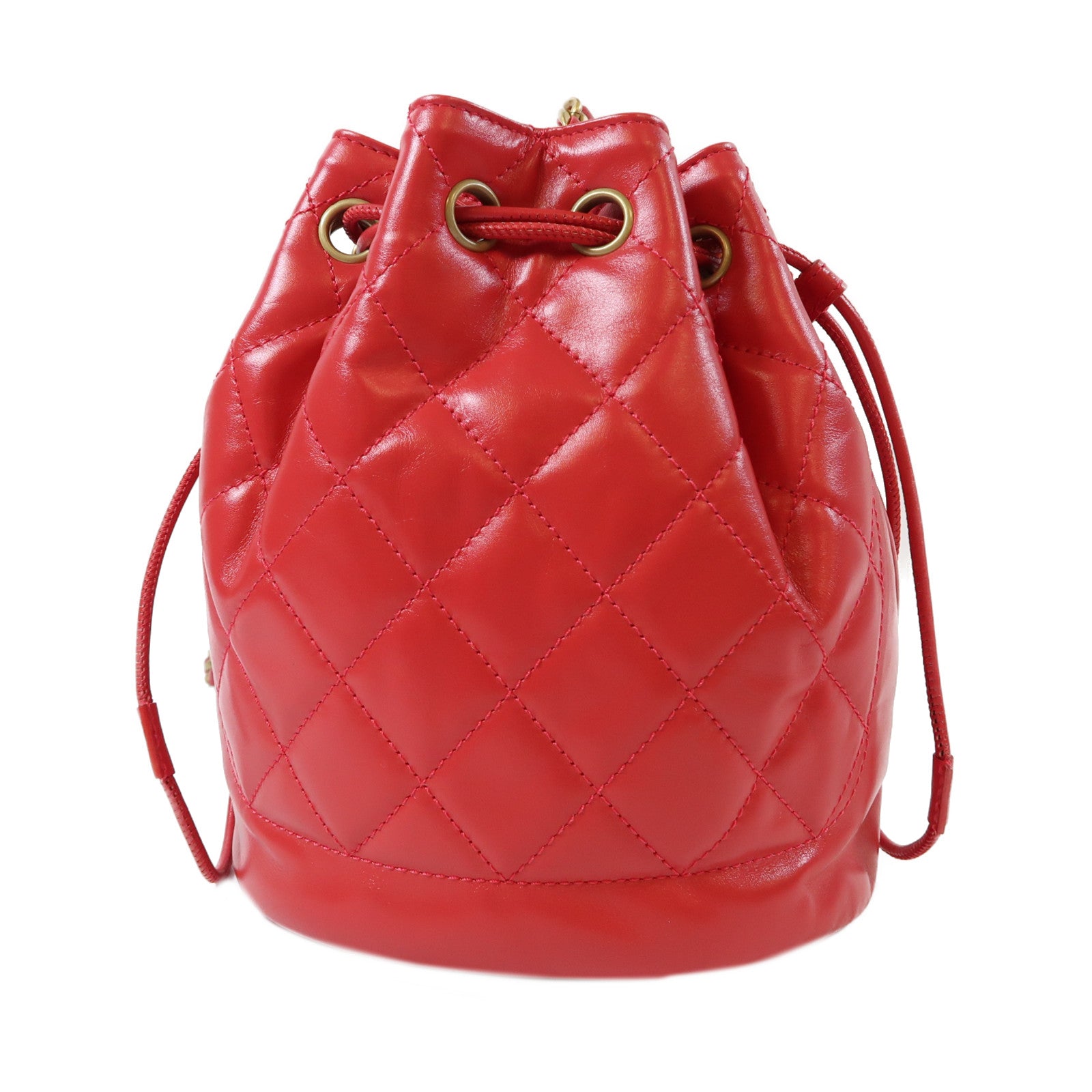 CHANEL 菱格牛皮皮革Drawstring金扣鏈帶肩背袋紅色