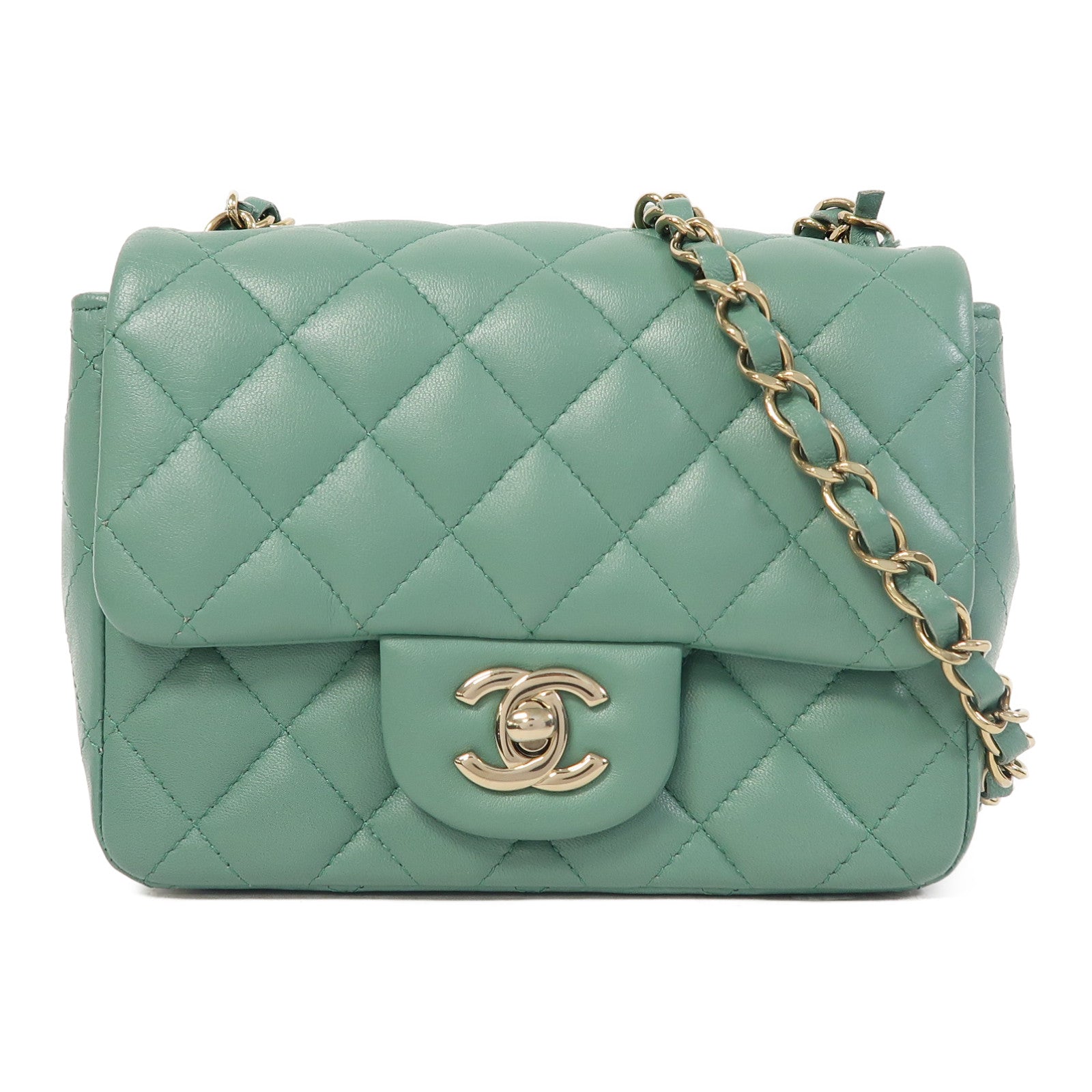 CHANEL (PRICE DOWN) Quilted CC GHW Mini Classic 17 Chain Shoulder Bag Lambskin Leather Green