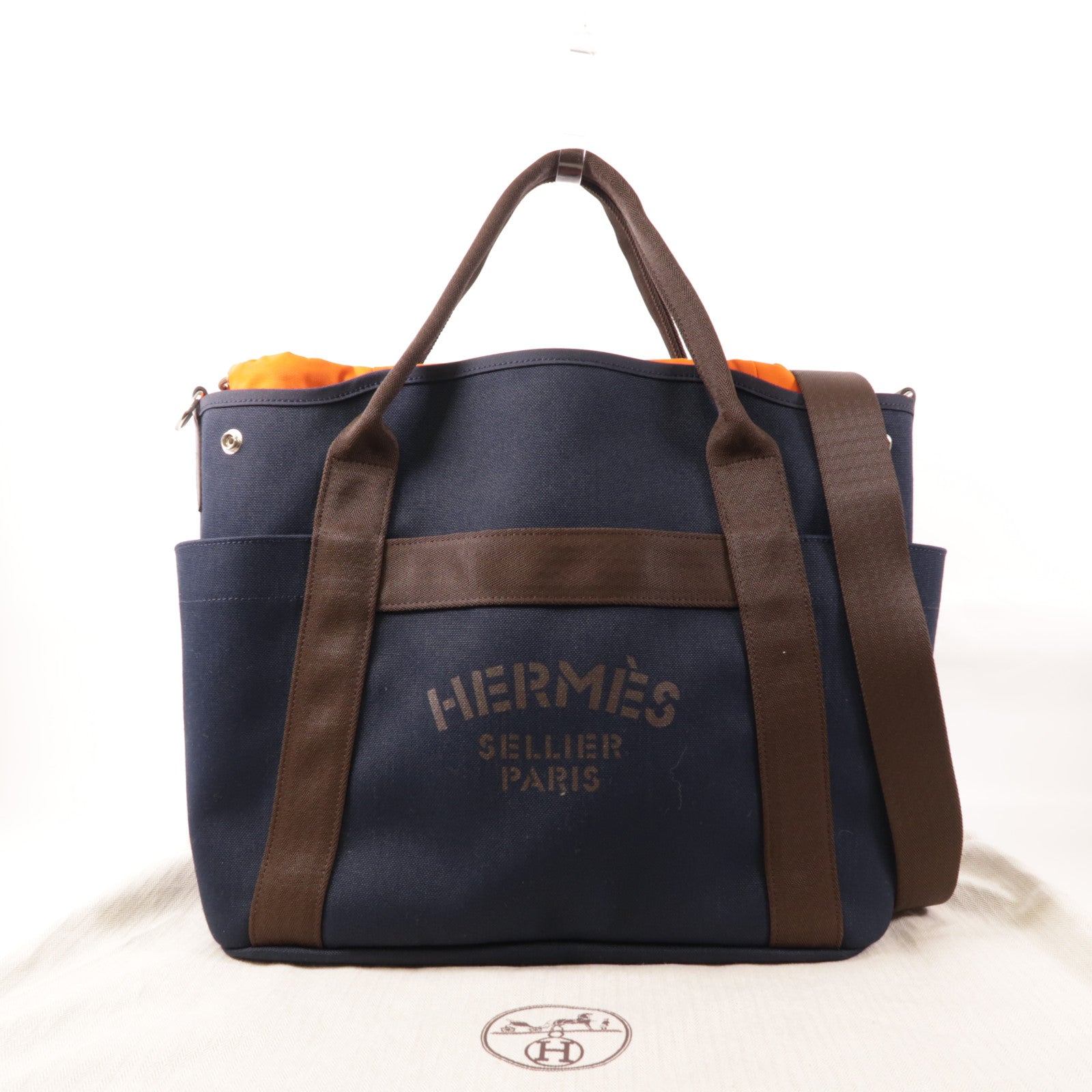 HERMES 帆布Sac De Pansage Groom銀扣手挽肩背兩用袋Navy