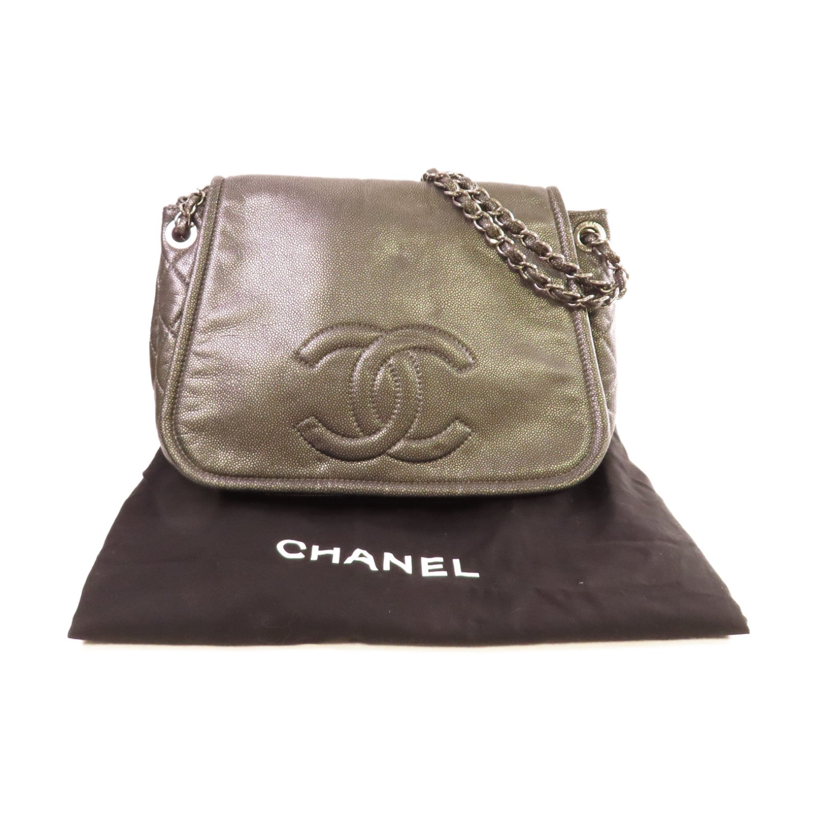 CHANEL 牛皮皮革Chain Shoulder Bag銀扣鏈帶肩背袋灰色