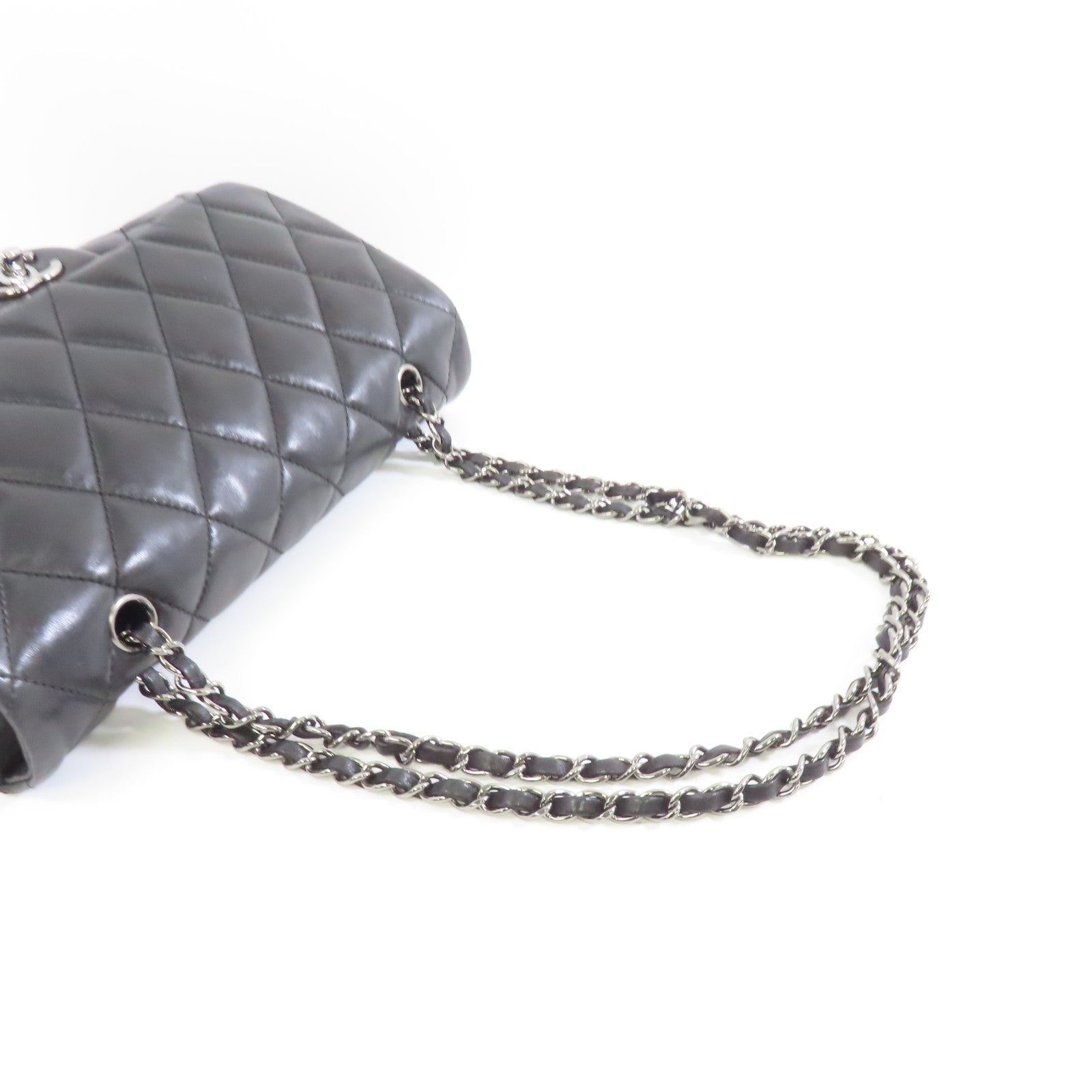 CHANEL 菱格羊皮皮革Chain Shoulder銀扣鏈帶肩背袋黑色
