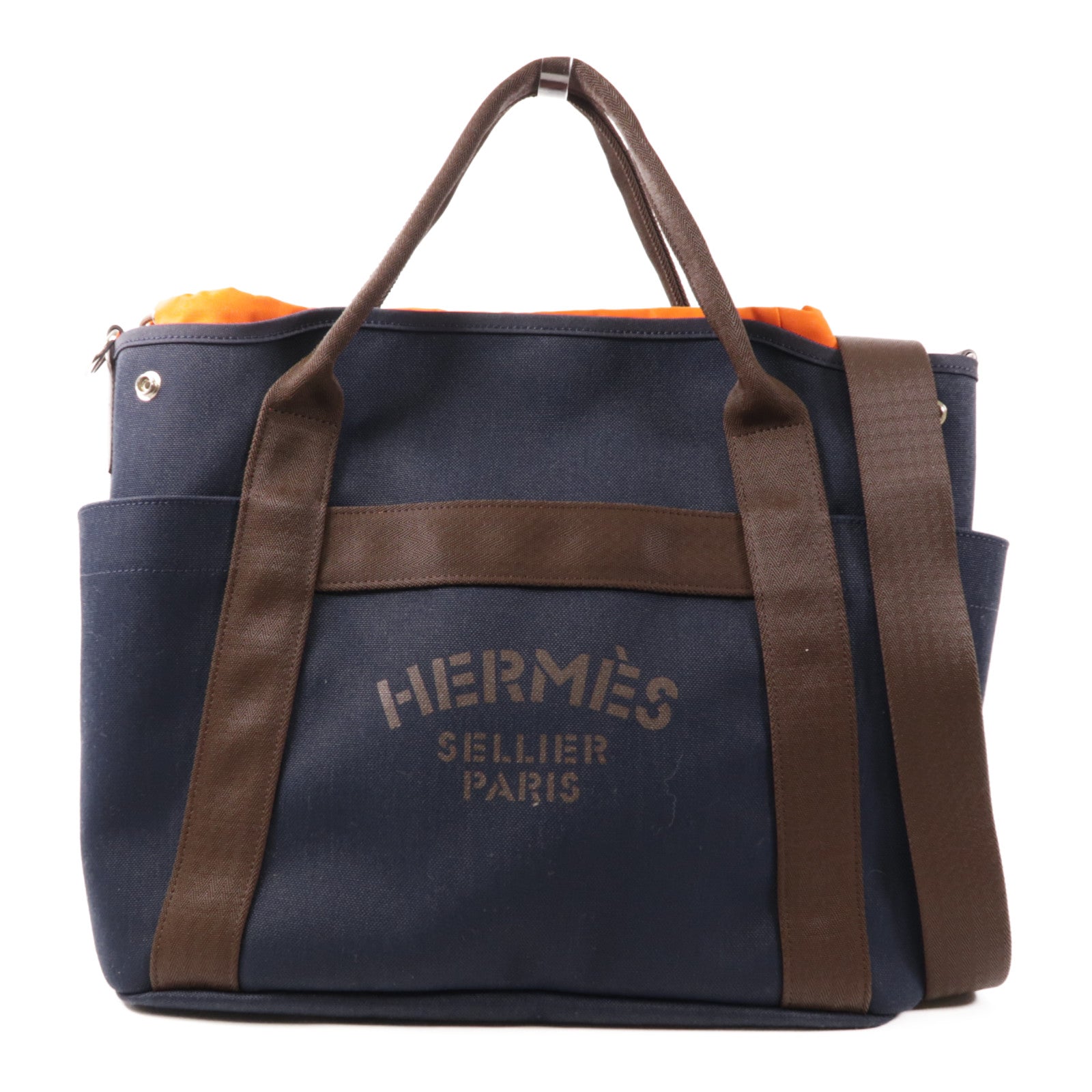 HERMES 帆布Sac De Pansage Groom銀扣手挽肩背兩用袋Navy