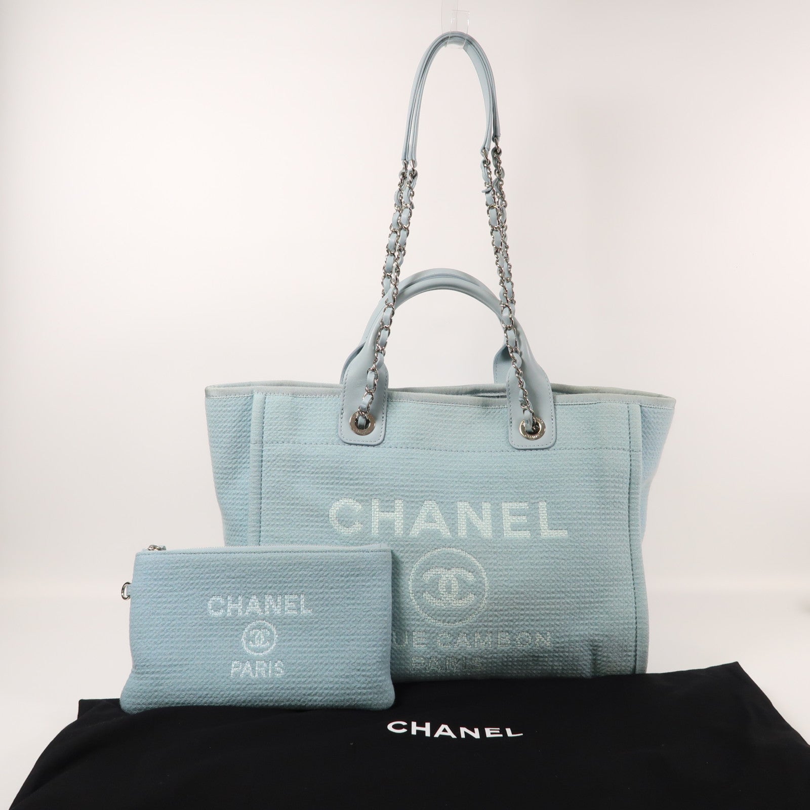 CHANEL 帆布Deauville Tote銀扣手挽肩背兩用袋
